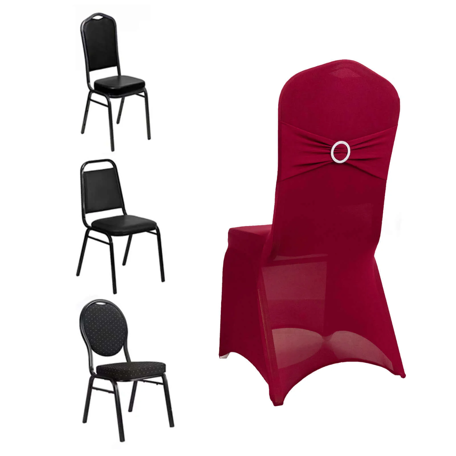 Spandex Banquet Chair Cover Burgundy with Silver Rhinestone Buckled Sash Band - Stretched Fitted Slip-On Slipcover - Image 3
