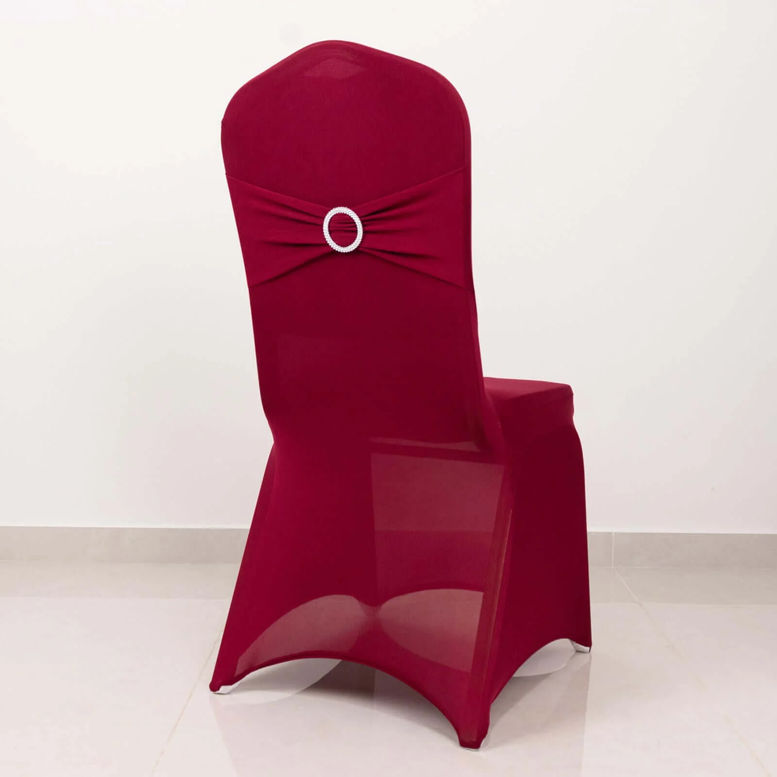 Spandex Banquet Chair Cover Burgundy with Silver Rhinestone Buckled Sash Band - Stretched Fitted Slip-On Slipcover - Image 6