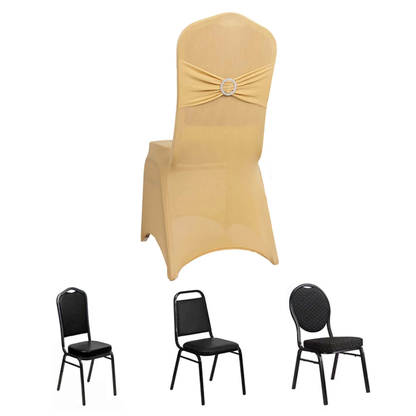 Spandex Banquet Chair Cover Champagne with Silver Rhinestone Buckled Sash Band - Stretched Fitted Slip-On Slipcover