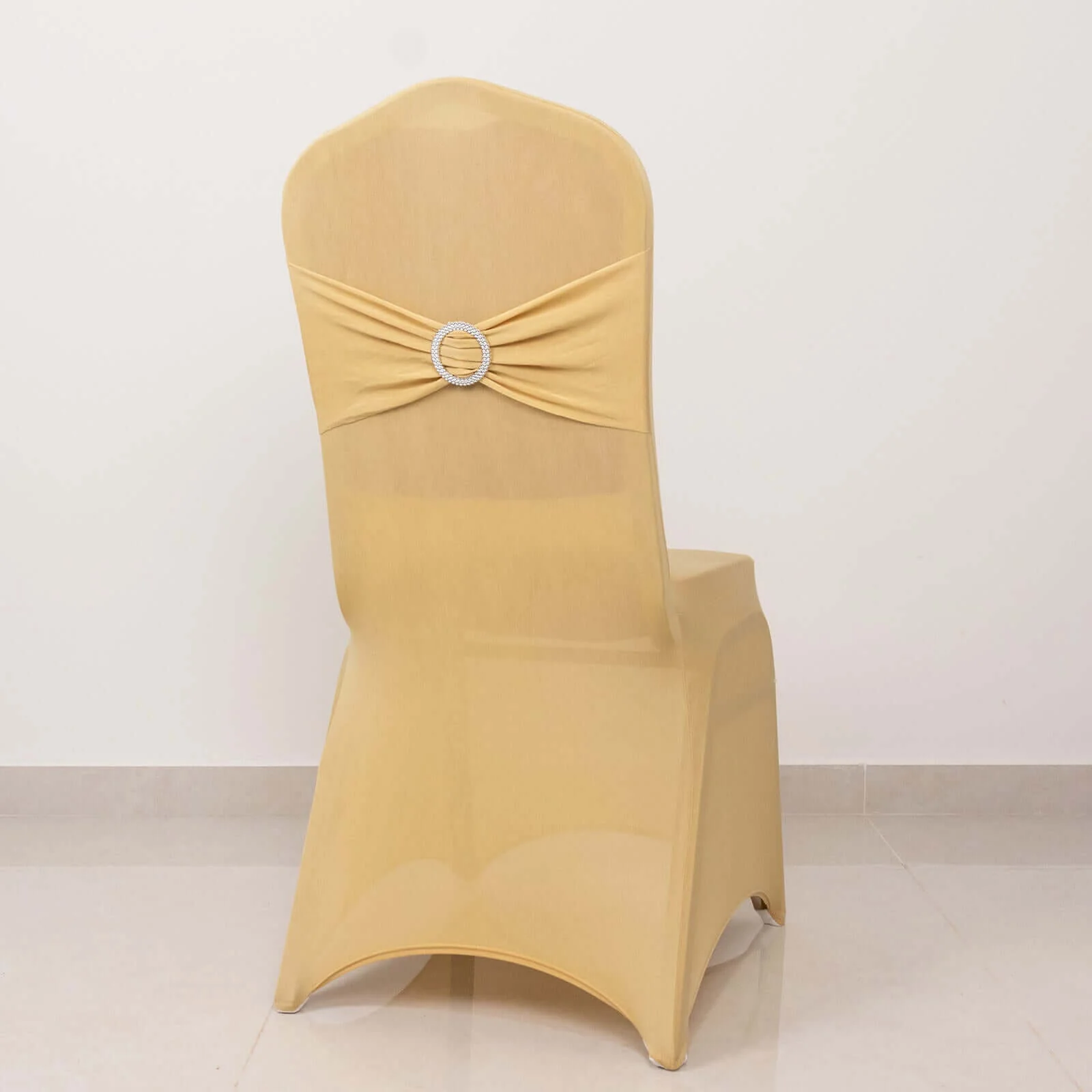 Spandex Banquet Chair Cover Champagne with Silver Rhinestone Buckled Sash Band - Stretched Fitted Slip-On Slipcover - Image 6