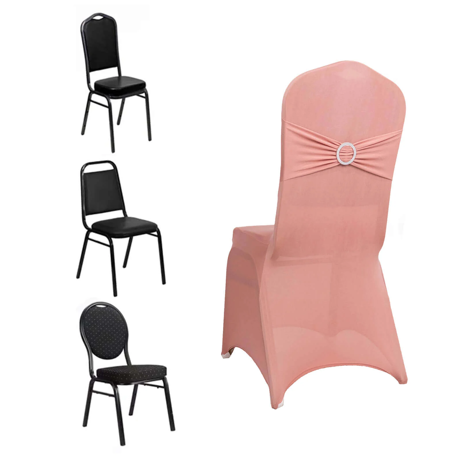 Spandex Banquet Chair Cover Dusty Rose with Silver Rhinestone Buckled Sash Band - Stretched Fitted Slip-On Slipcover - Image 3