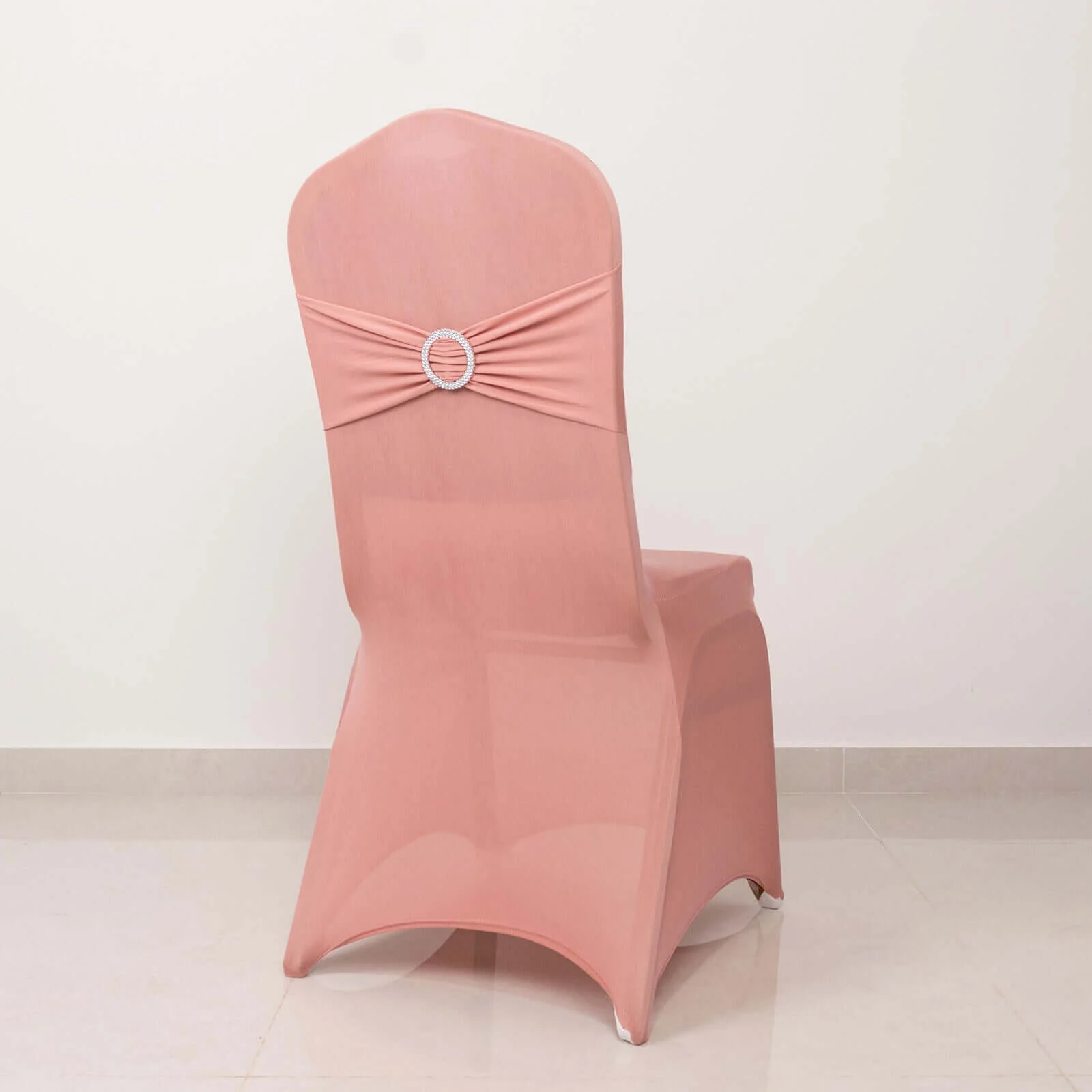 Spandex Banquet Chair Cover Dusty Rose with Silver Rhinestone Buckled Sash Band - Stretched Fitted Slip-On Slipcover - Image 6