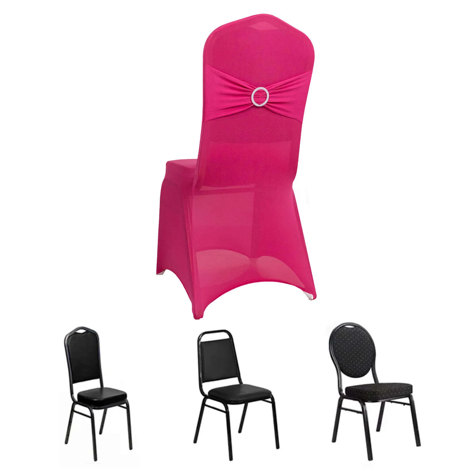 Spandex Banquet Chair Cover Fuchsia with Silver Rhinestone Buckled Sash Band - Stretched Fitted Slip-On Slipcover