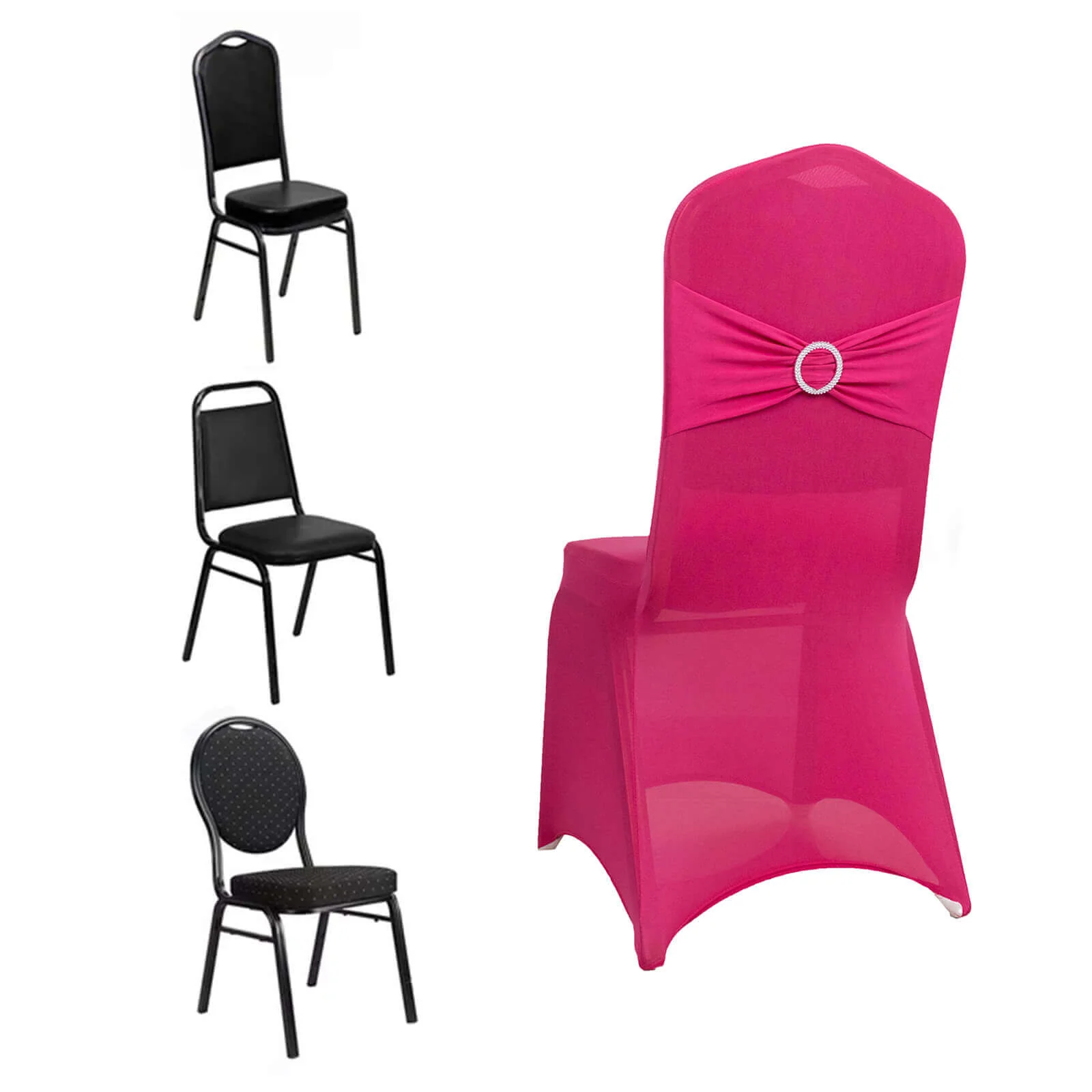 Spandex Banquet Chair Cover Fuchsia with Silver Rhinestone Buckled Sash Band - Stretched Fitted Slip-On Slipcover - Image 3