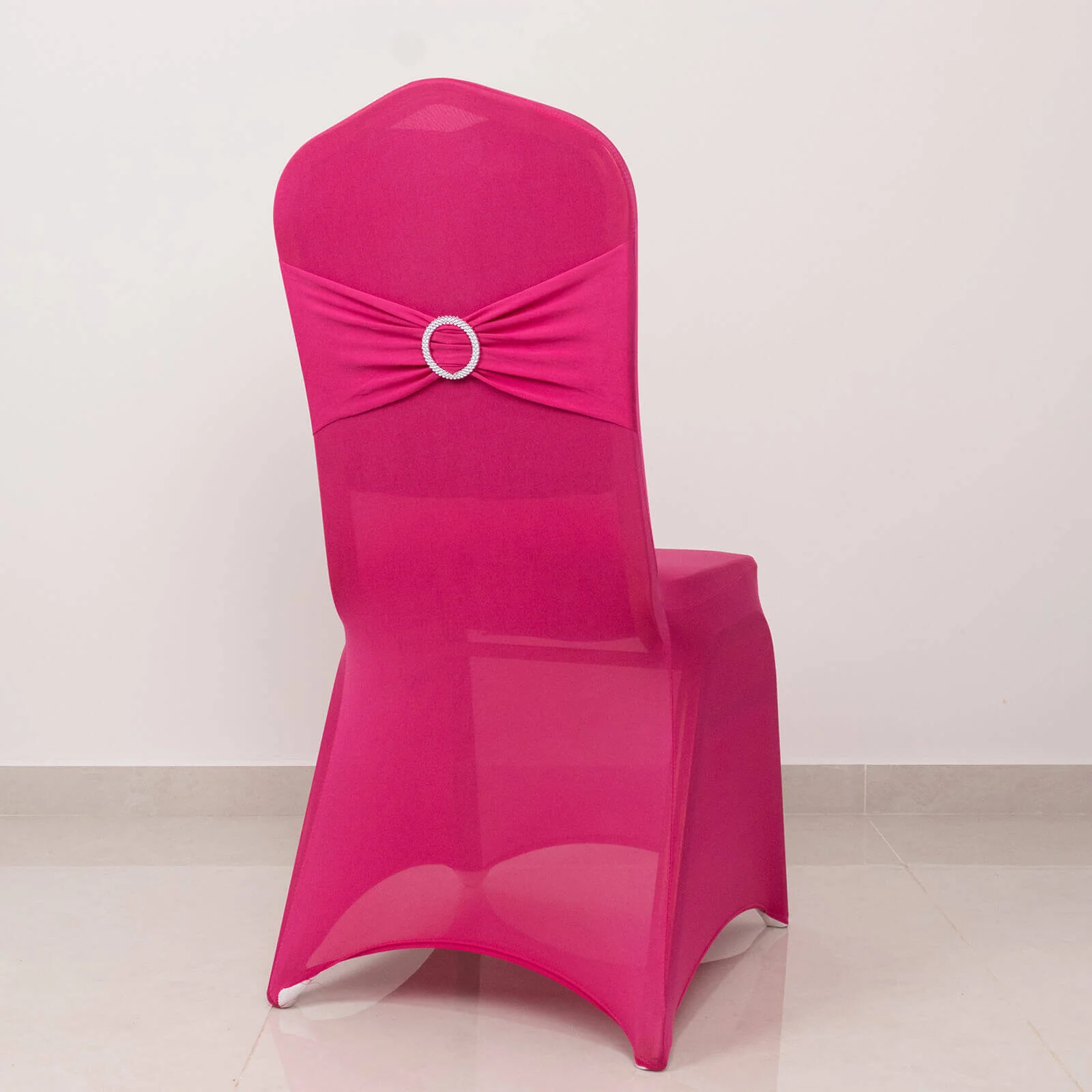 Spandex Banquet Chair Cover Fuchsia with Silver Rhinestone Buckled Sash Band - Stretched Fitted Slip-On Slipcover - Image 6