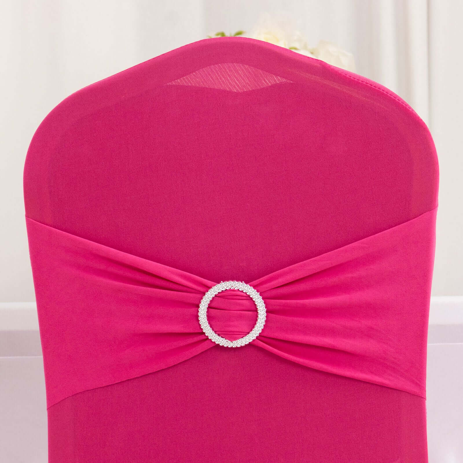 Spandex Banquet Chair Cover Fuchsia with Silver Rhinestone Buckled Sash Band - Stretched Fitted Slip-On Slipcover - Image 7