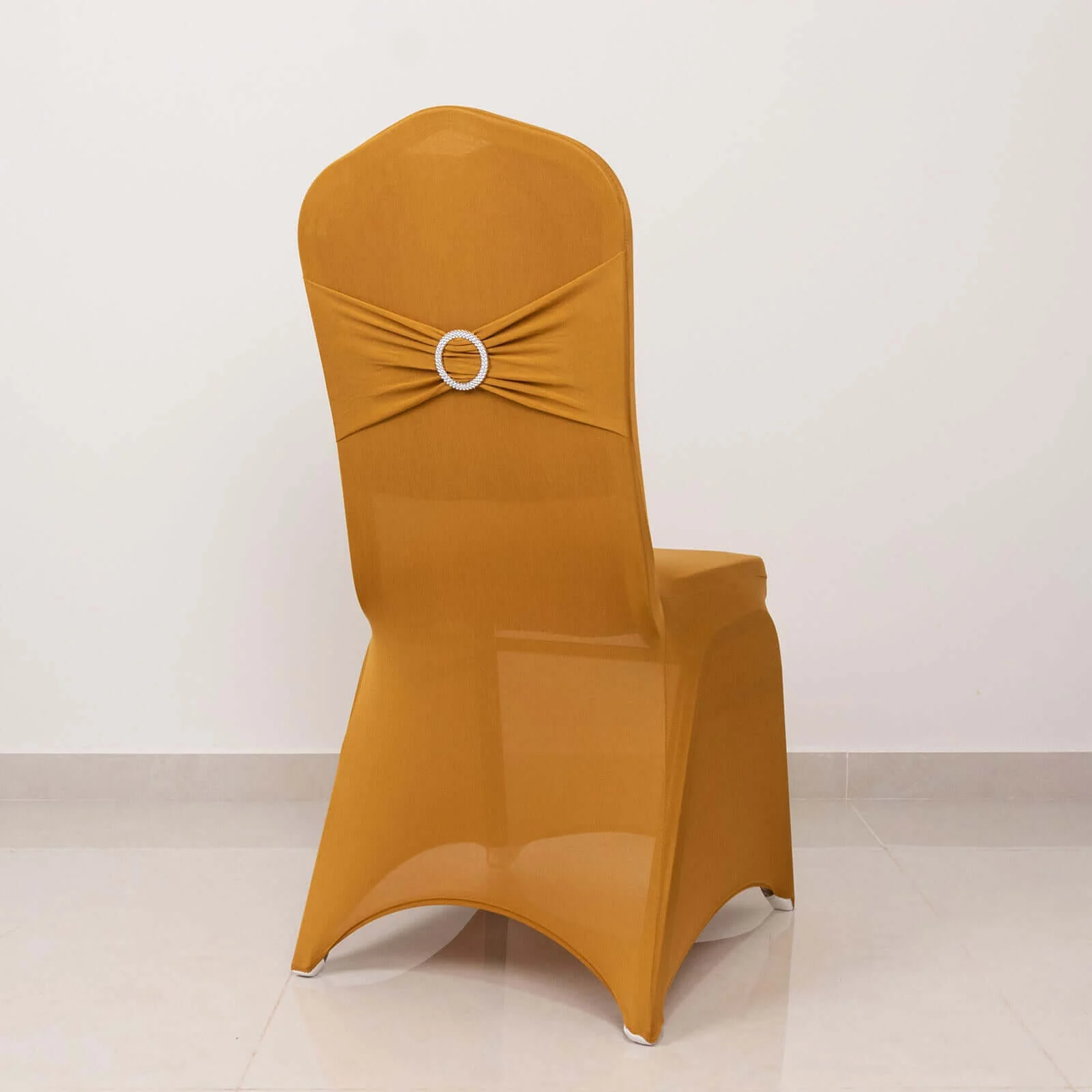 Spandex Banquet Chair Cover Gold with Silver Rhinestone Buckled Sash Band - Stretched Fitted Slip-On Slipcover - Image 6