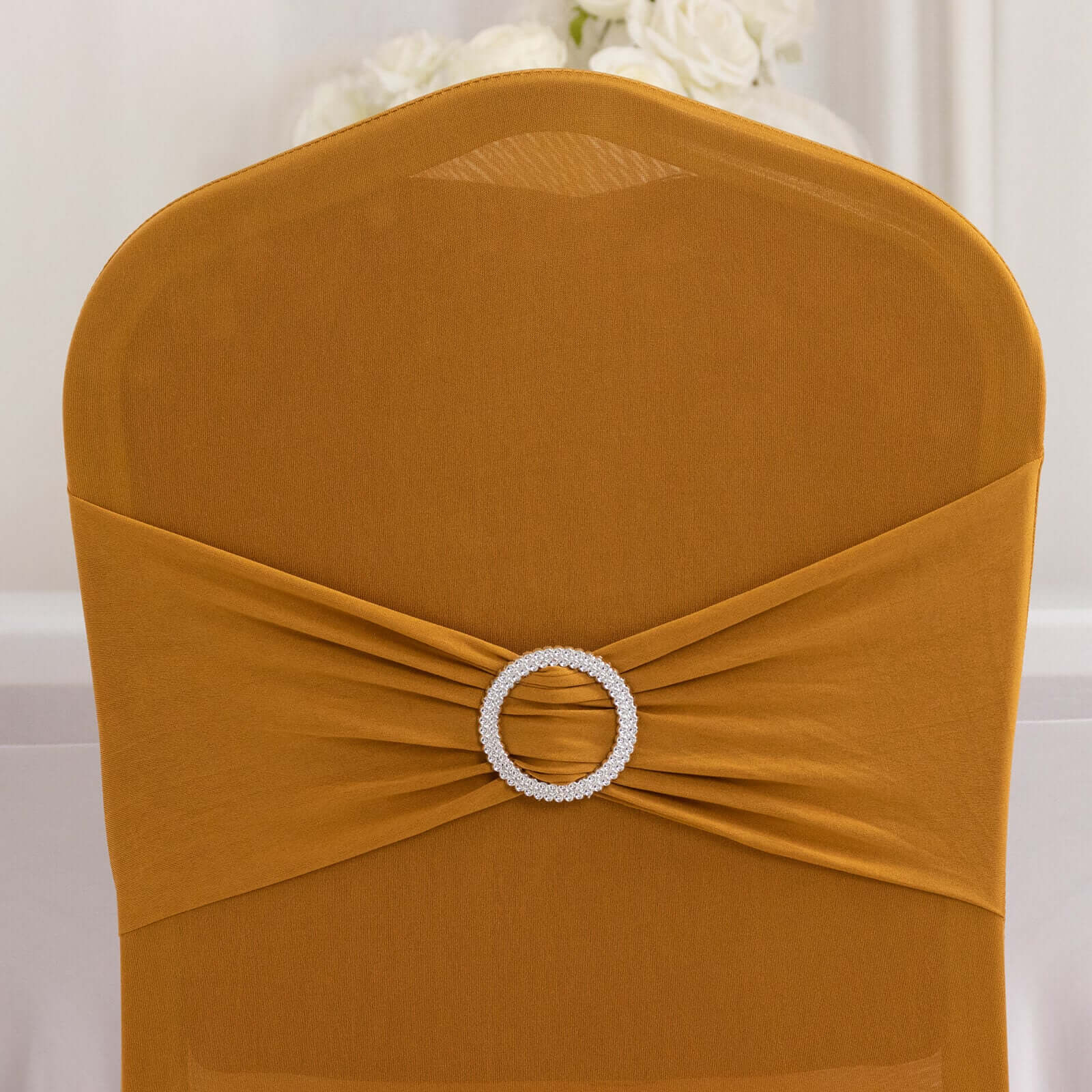 Spandex Banquet Chair Cover Gold with Silver Rhinestone Buckled Sash Band - Stretched Fitted Slip-On Slipcover - Image 7