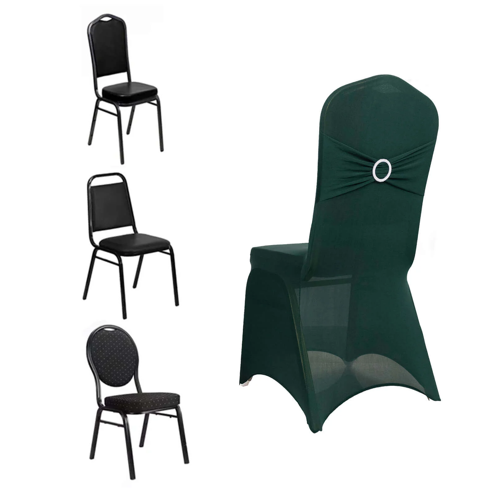 Spandex Banquet Chair Cover Hunter Emerald Green with Silver Rhinestone Buckled Sash Band - Stretched Fitted Slip-On Slipcover - Image 3