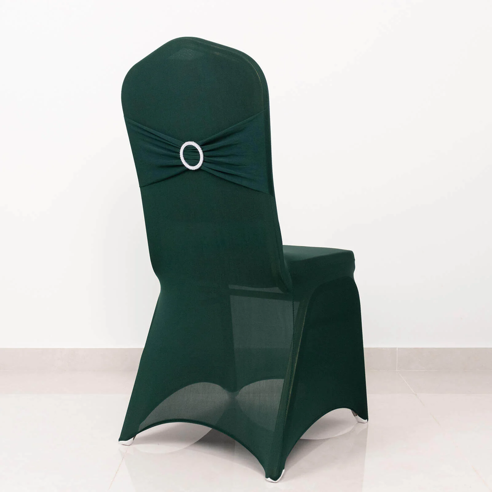 Spandex Banquet Chair Cover Hunter Emerald Green with Silver Rhinestone Buckled Sash Band - Stretched Fitted Slip-On Slipcover - Image 6