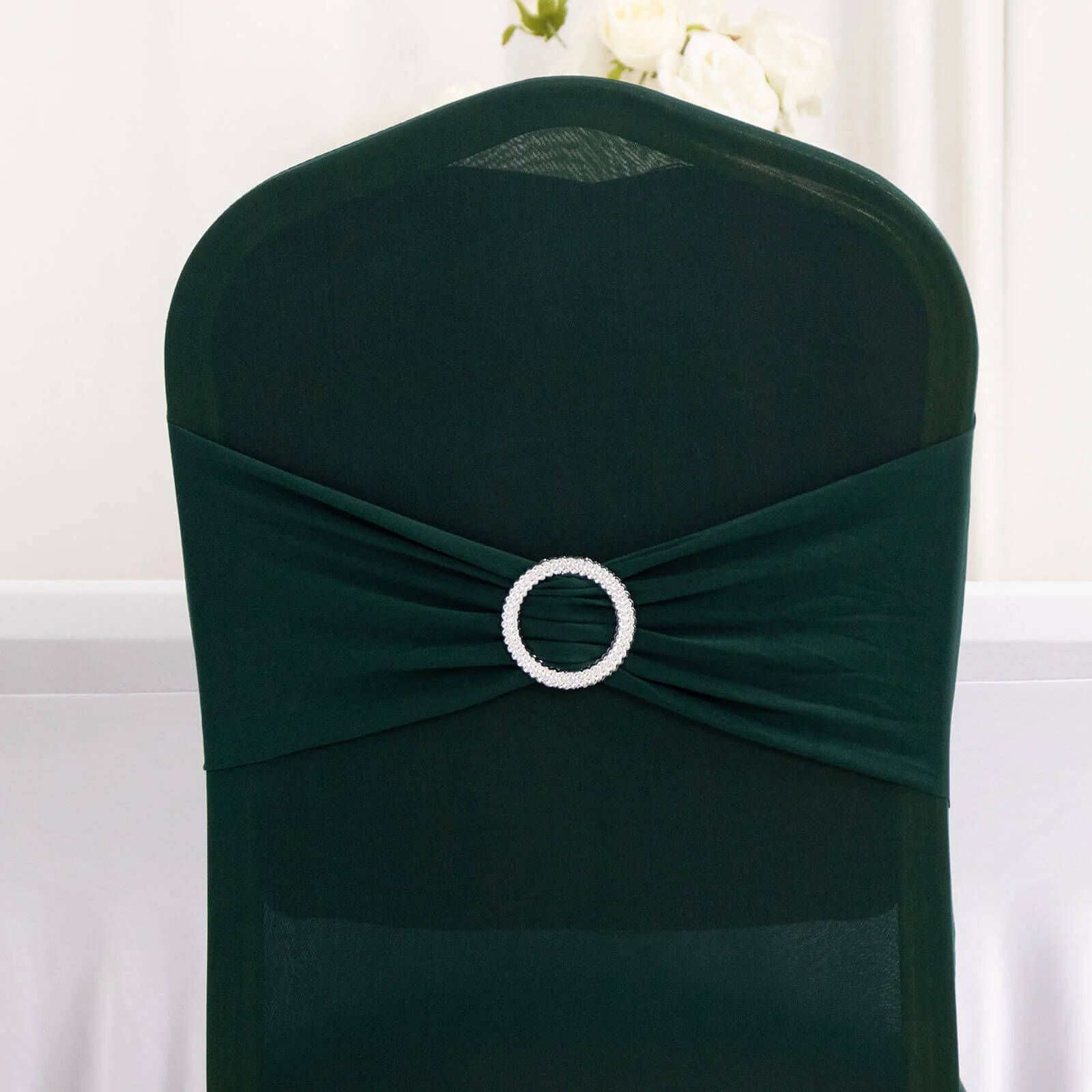 Spandex Banquet Chair Cover Hunter Emerald Green with Silver Rhinestone Buckled Sash Band - Stretched Fitted Slip-On Slipcover - Image 7
