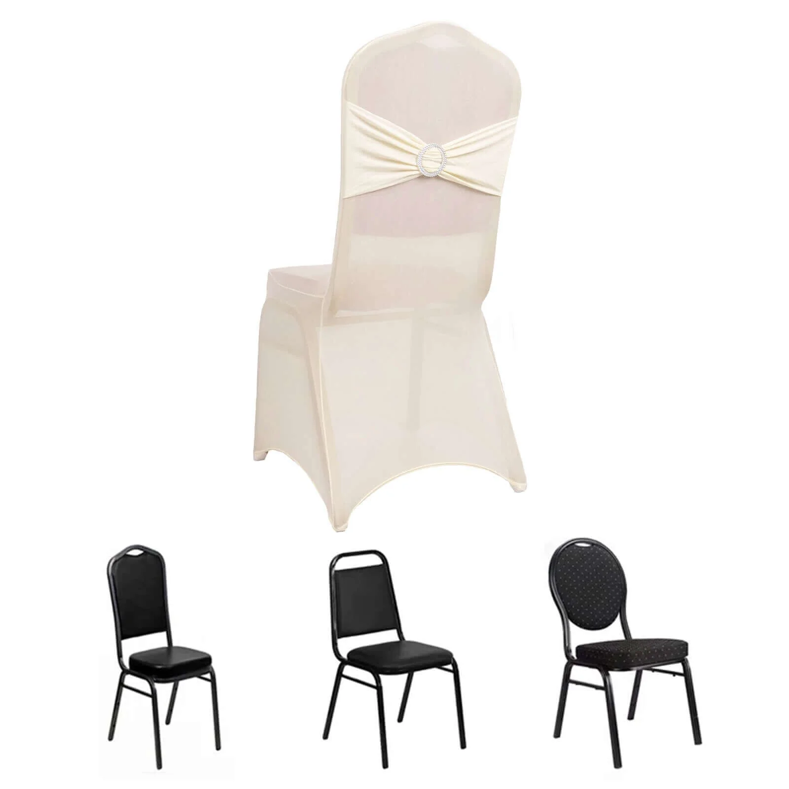 Spandex Banquet Chair Cover Ivory with Silver Rhinestone Buckled Sash Band - Stretched Fitted Slip-On Slipcover