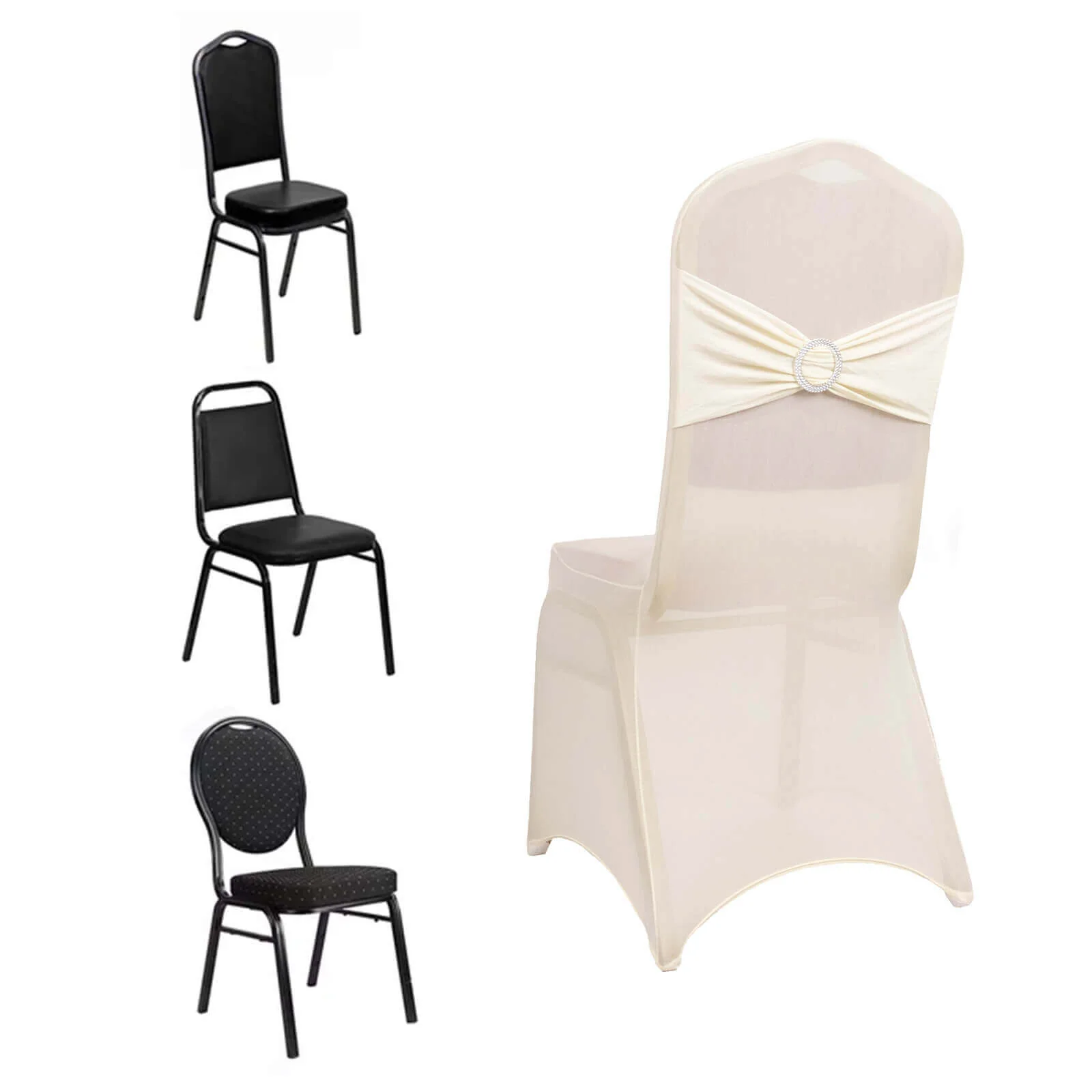 Spandex Banquet Chair Cover Ivory with Silver Rhinestone Buckled Sash Band - Stretched Fitted Slip-On Slipcover - Image 3
