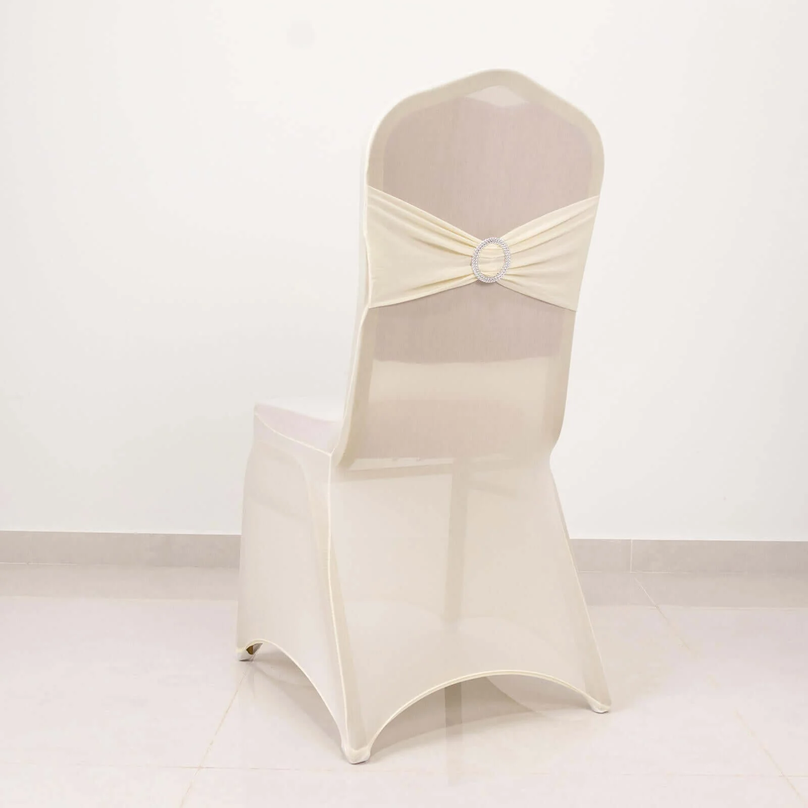 Spandex Banquet Chair Cover Ivory with Silver Rhinestone Buckled Sash Band - Stretched Fitted Slip-On Slipcover - Image 6