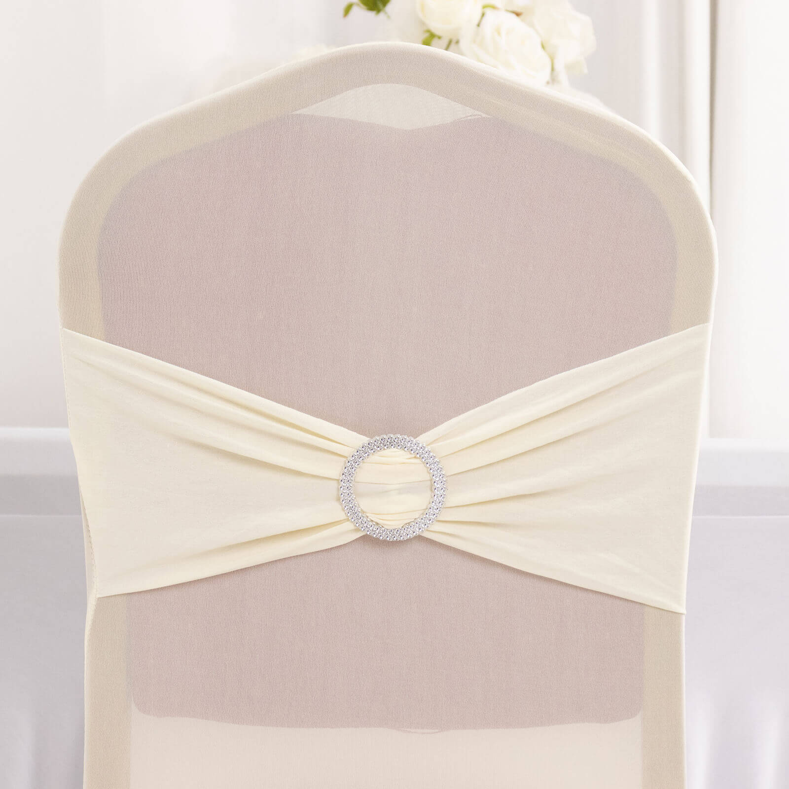 Spandex Banquet Chair Cover Ivory with Silver Rhinestone Buckled Sash Band - Stretched Fitted Slip-On Slipcover - Image 7