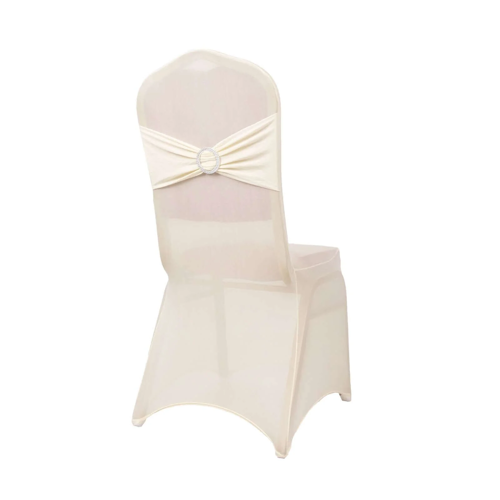 Spandex Banquet Chair Cover Ivory with Silver Rhinestone Buckled Sash Band - Stretched Fitted Slip-On Slipcover - Image 8