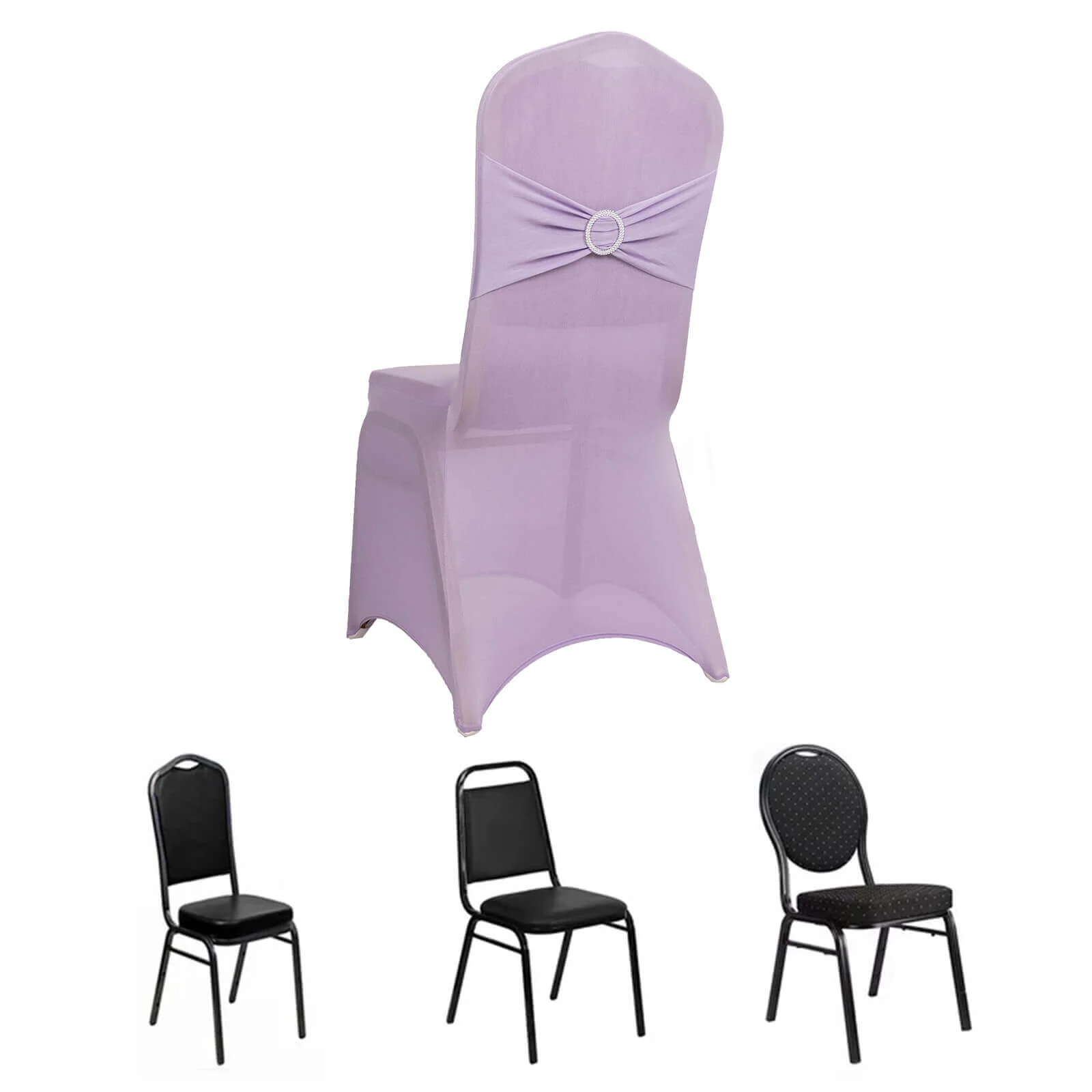 Spandex Banquet Chair Cover Lavender Lilac with Silver Rhinestone Buckled Sash Band - Stretched Fitted Slip-On Slipcover