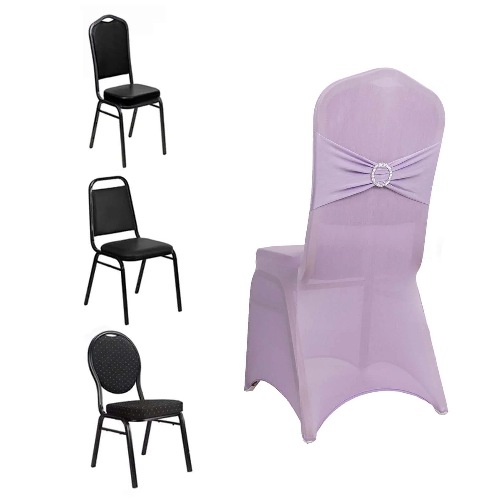 Spandex Banquet Chair Cover Lavender Lilac with Silver Rhinestone Buckled Sash Band - Stretched Fitted Slip-On Slipcover - Image 3