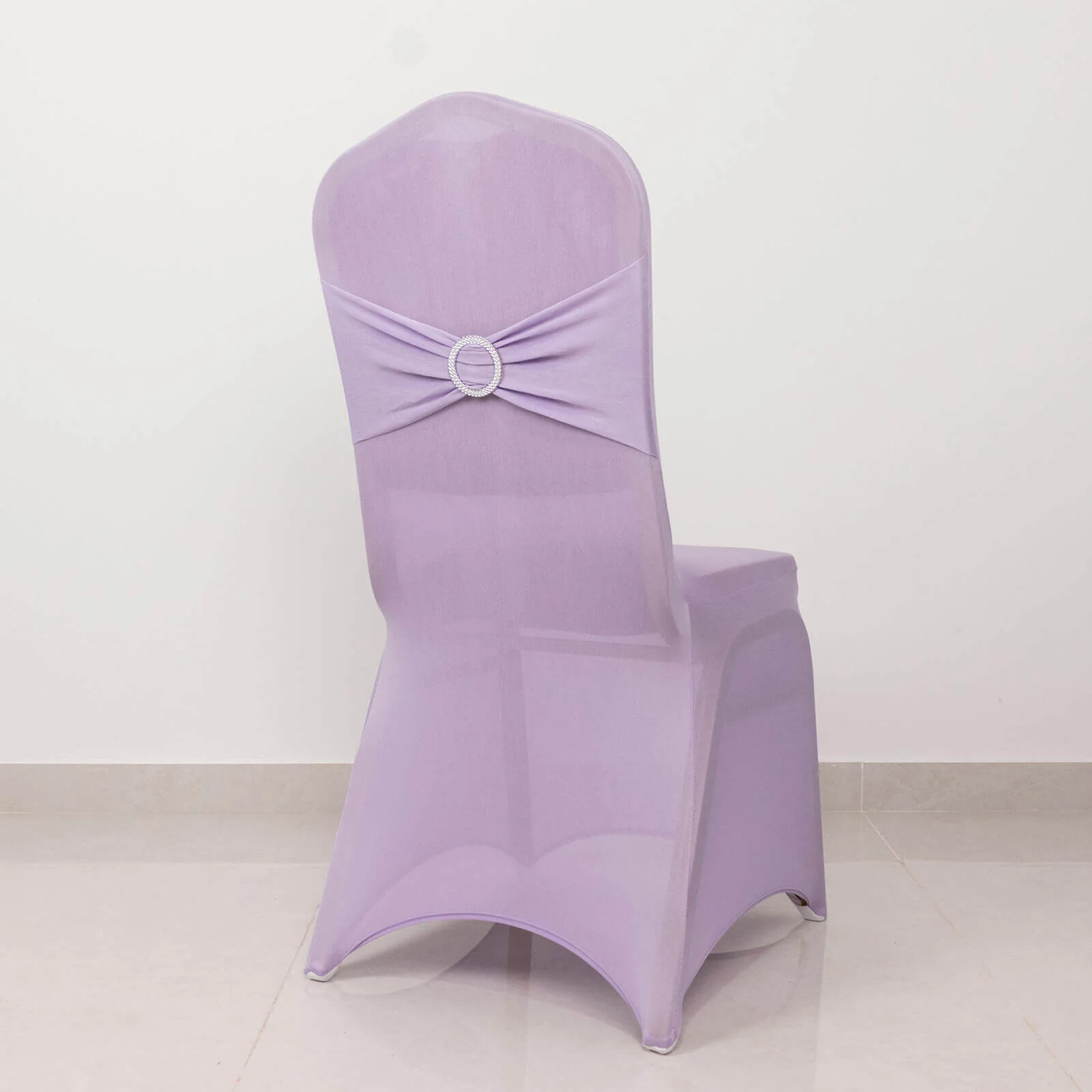 Spandex Banquet Chair Cover Lavender Lilac with Silver Rhinestone Buckled Sash Band - Stretched Fitted Slip-On Slipcover - Image 6