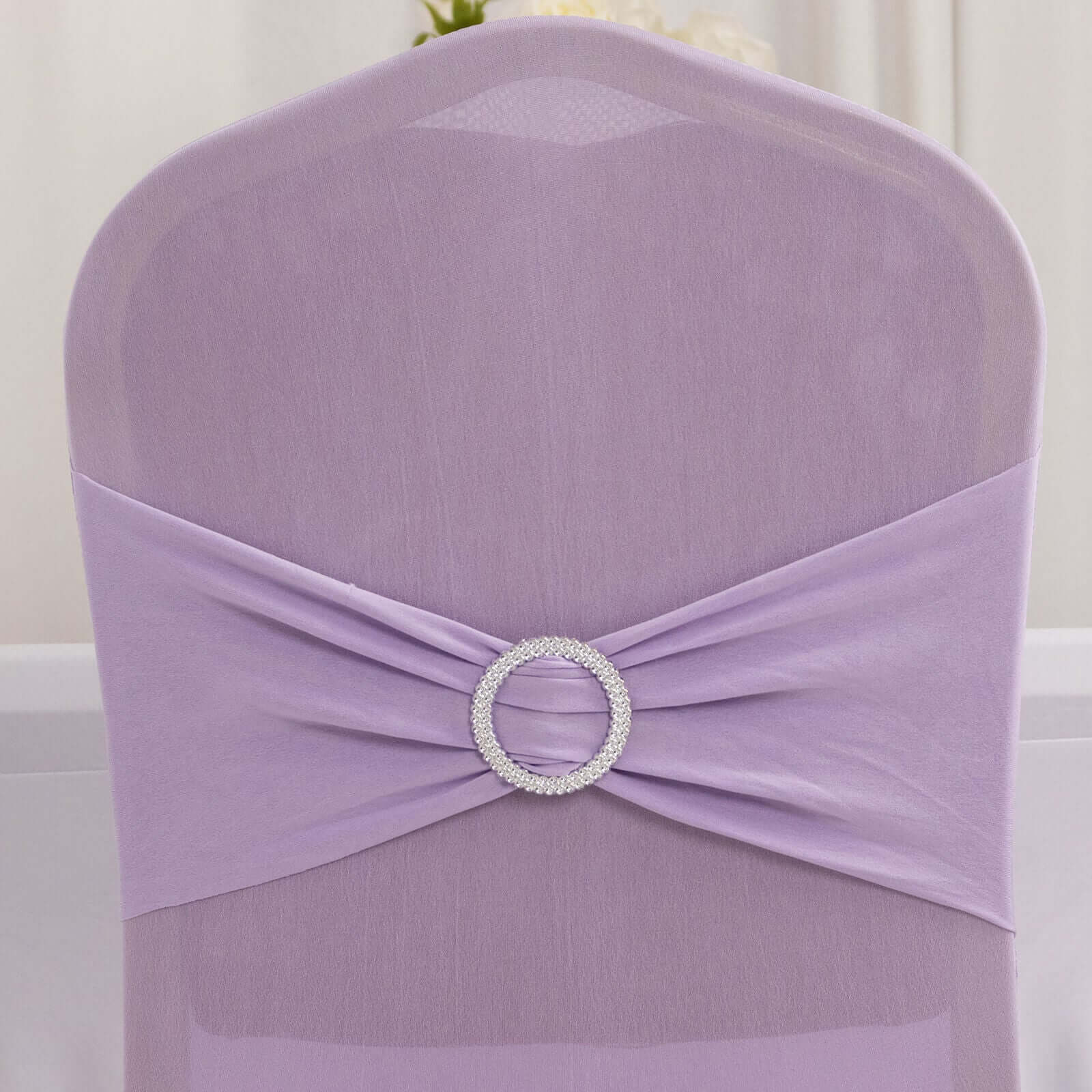 Spandex Banquet Chair Cover Lavender Lilac with Silver Rhinestone Buckled Sash Band - Stretched Fitted Slip-On Slipcover - Image 7