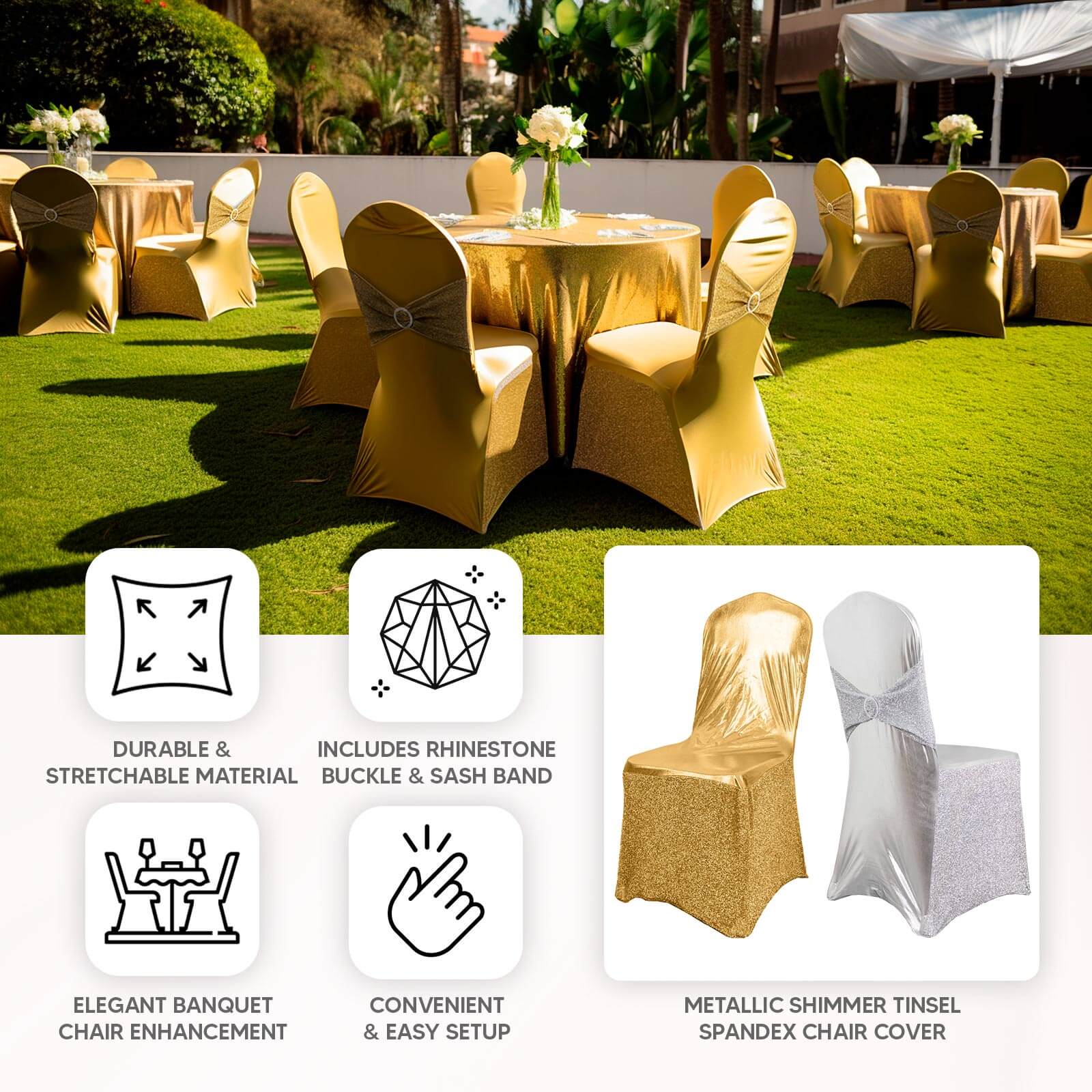 Spandex Banquet Chair Cover Metallic Silver Tinsel with Attached Sash and Silver Rhinestone Buckle - Shimmering Premium Fitted Design - Image 3