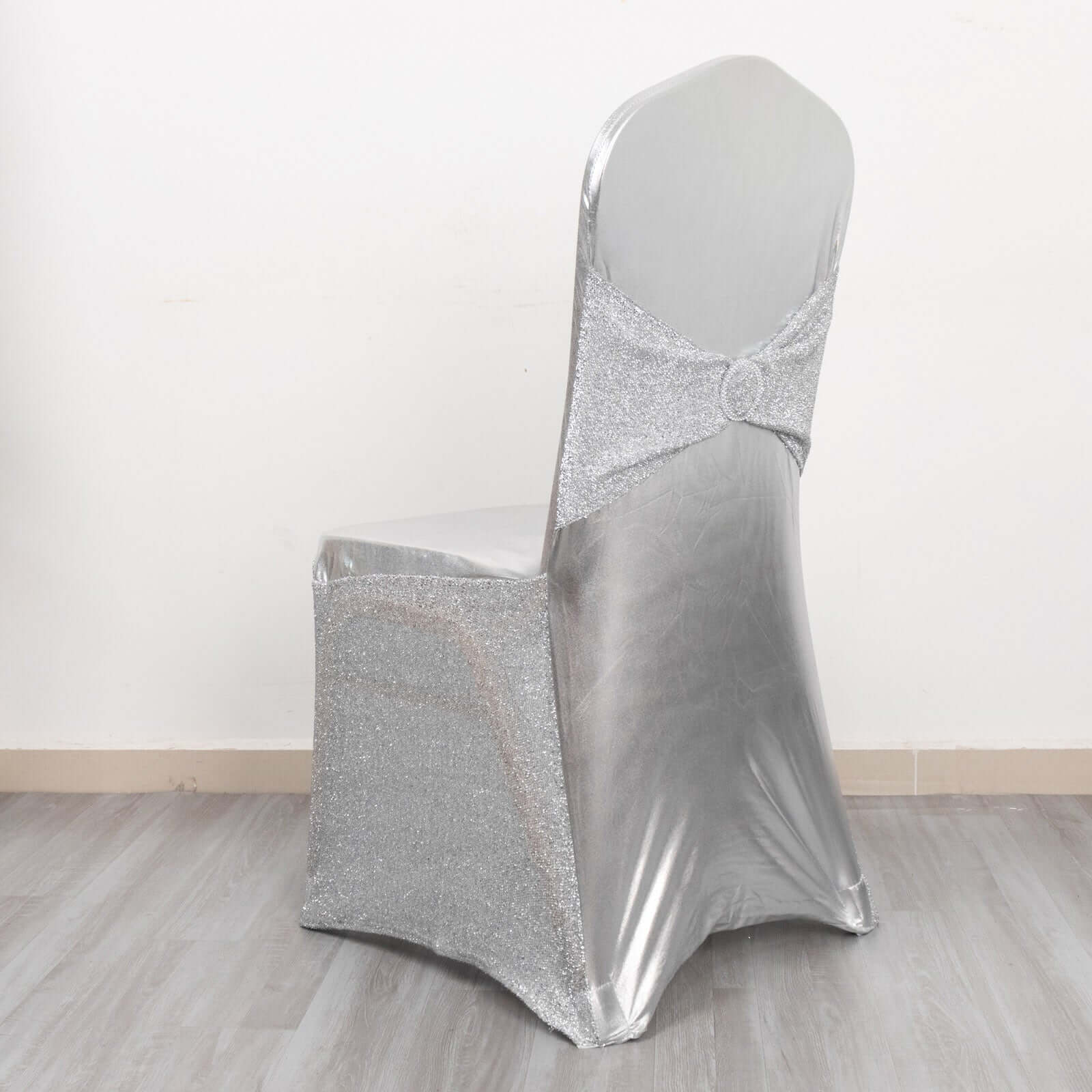 Spandex Banquet Chair Cover Metallic Silver Tinsel with Attached Sash and Silver Rhinestone Buckle - Shimmering Premium Fitted Design - Image 4