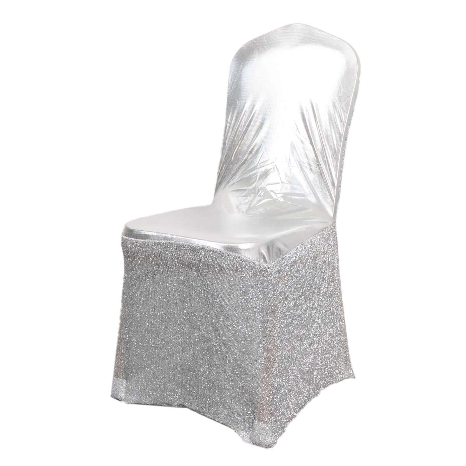 Spandex Banquet Chair Cover Metallic Silver Tinsel with Attached Sash and Silver Rhinestone Buckle - Shimmering Premium Fitted Design - Image 7