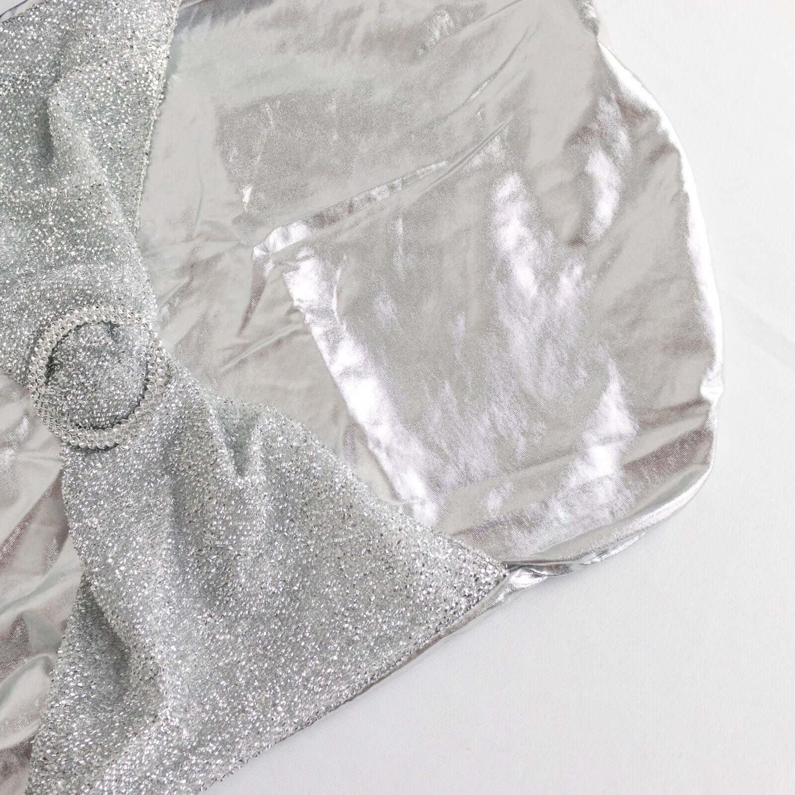 Spandex Banquet Chair Cover Metallic Silver Tinsel with Attached Sash and Silver Rhinestone Buckle - Shimmering Premium Fitted Design - Image 9
