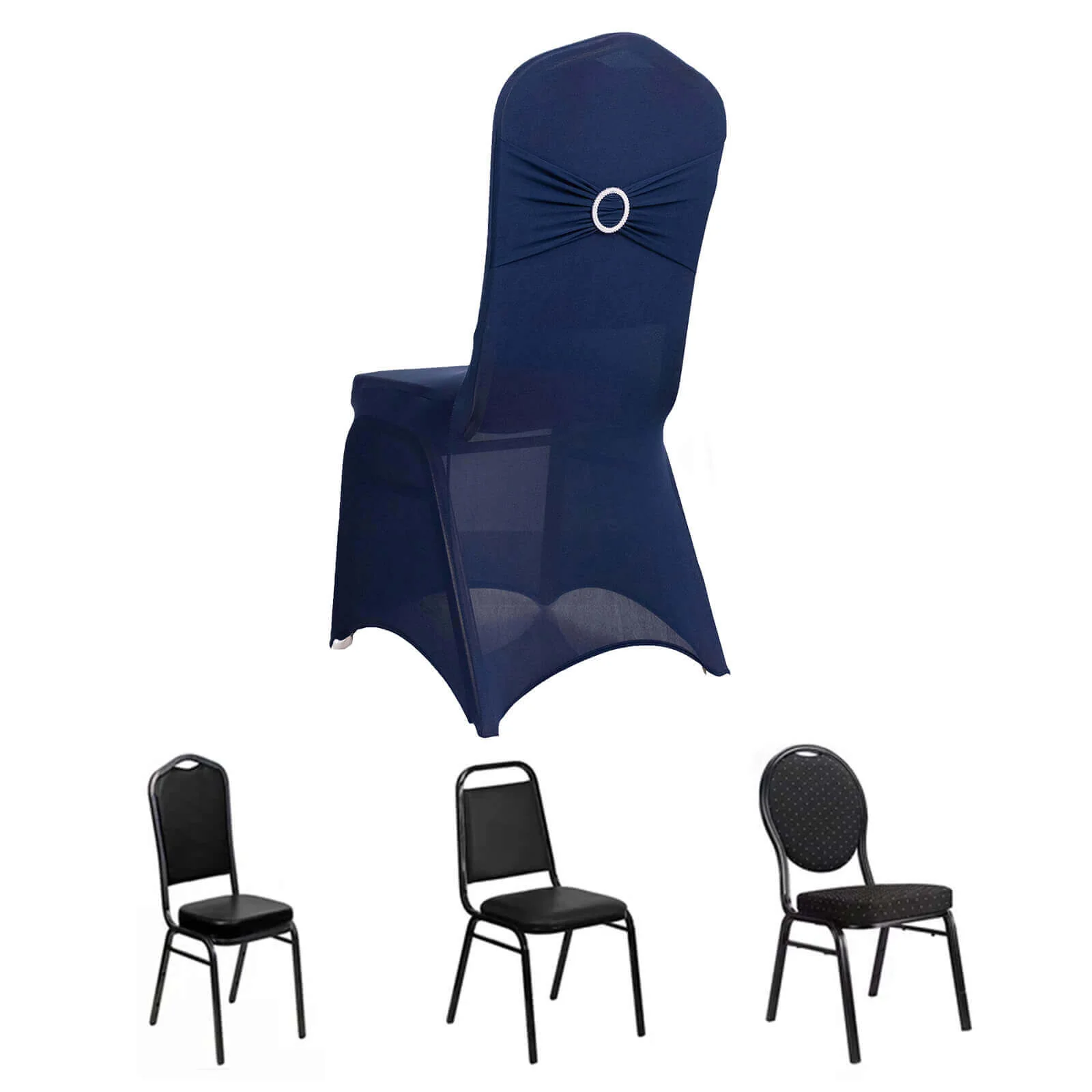 Spandex Banquet Chair Cover Navy Blue with Silver Rhinestone Buckled Sash Band - Stretched Fitted Slip-On Slipcover