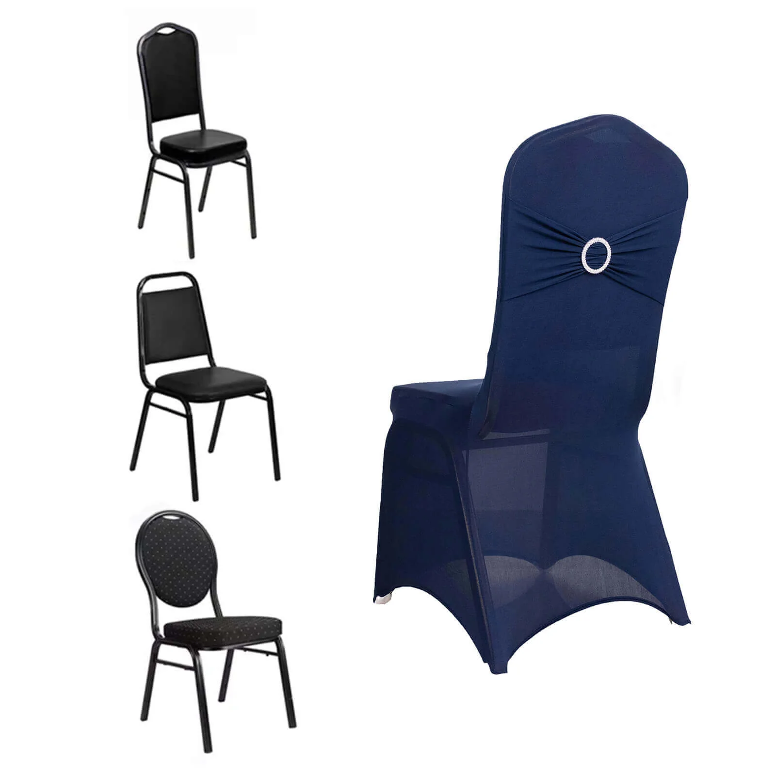 Spandex Banquet Chair Cover Navy Blue with Silver Rhinestone Buckled Sash Band - Stretched Fitted Slip-On Slipcover - Image 3