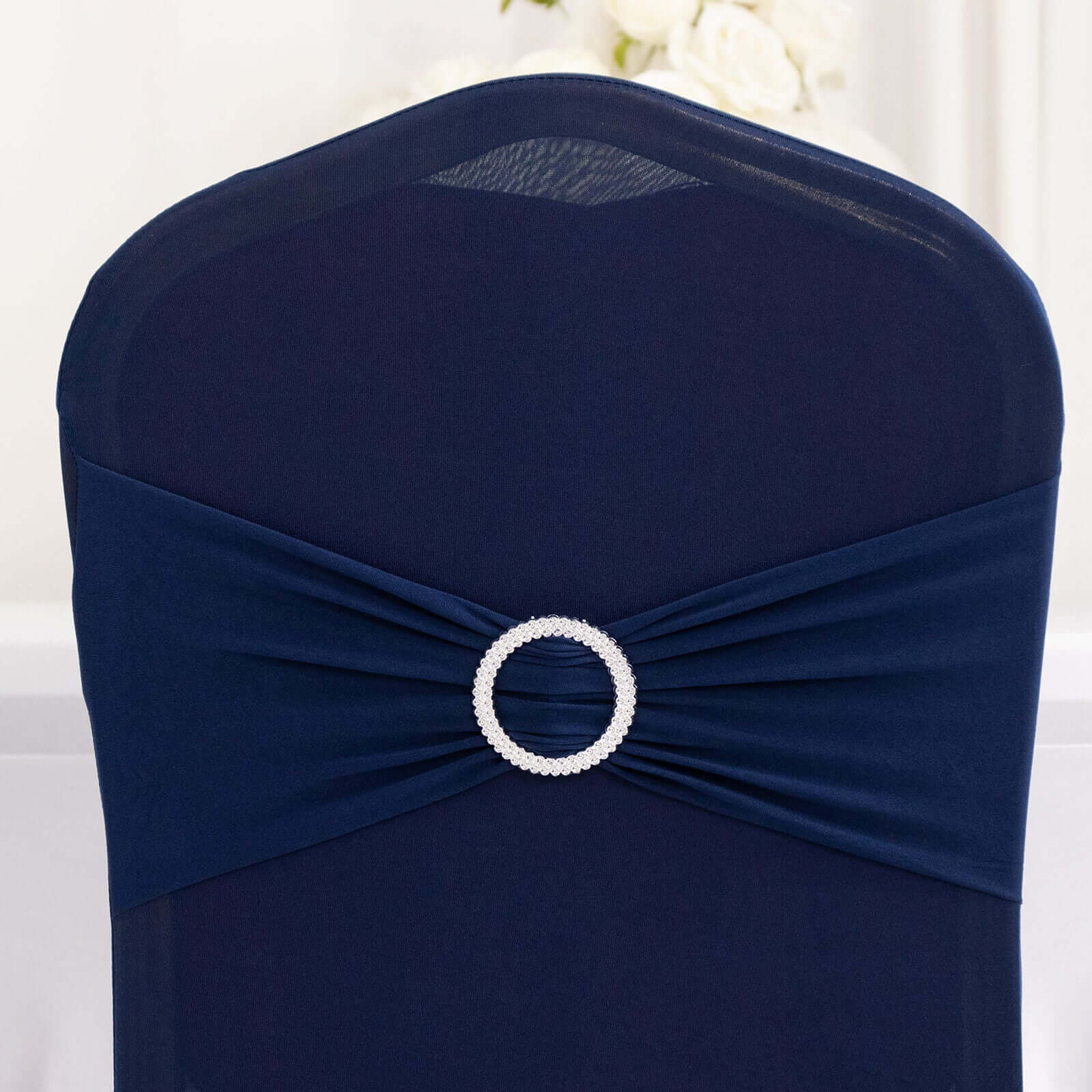 Spandex Banquet Chair Cover Navy Blue with Silver Rhinestone Buckled Sash Band - Stretched Fitted Slip-On Slipcover - Image 7