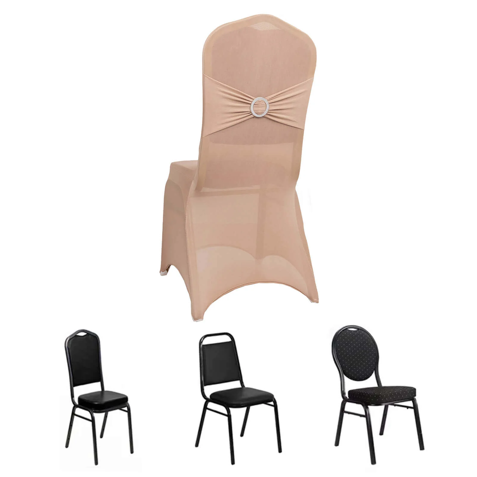 Spandex Banquet Chair Cover Nude with Silver Rhinestone Buckled Sash Band - Stretched Fitted Slip-On Slipcover