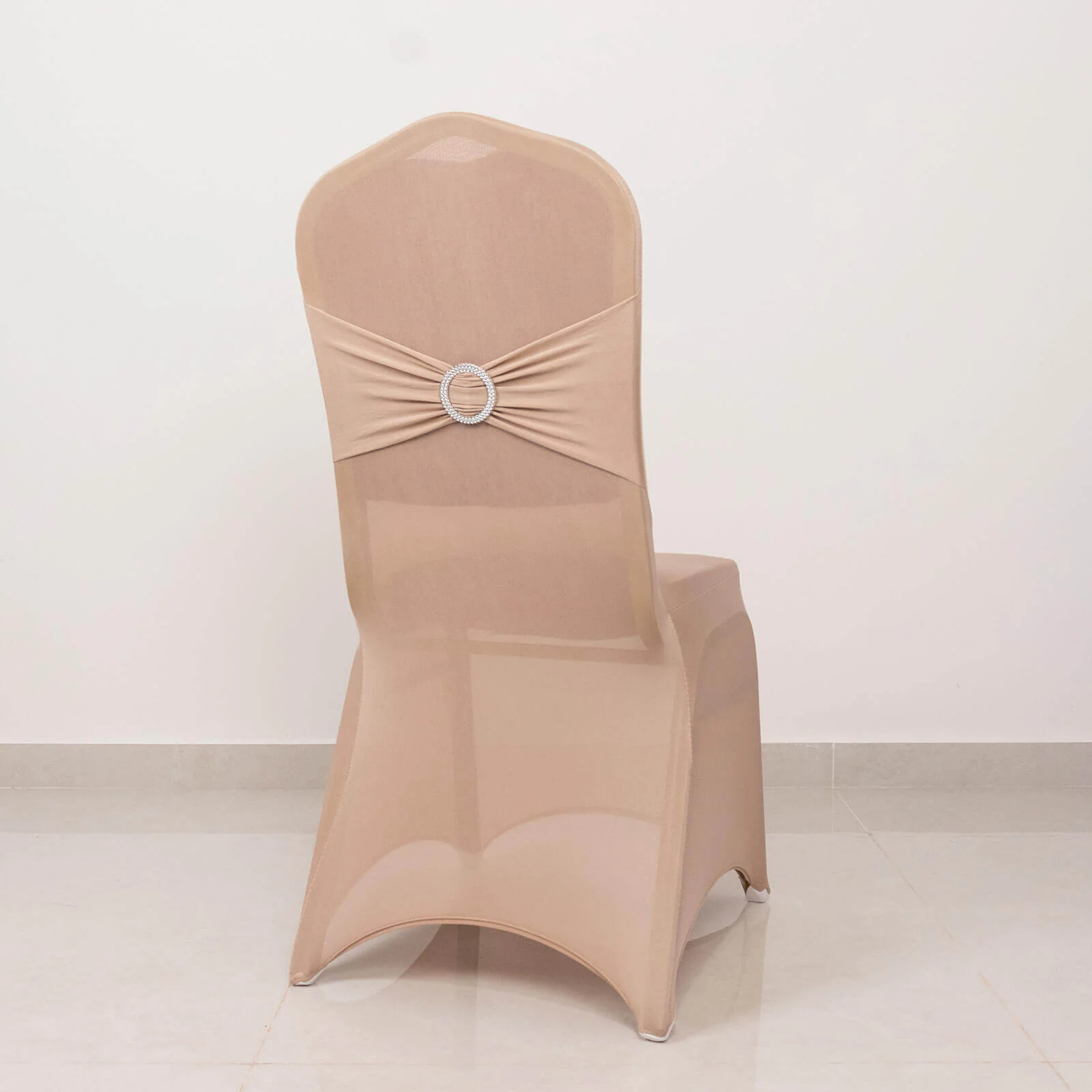 Spandex Banquet Chair Cover Nude with Silver Rhinestone Buckled Sash Band - Stretched Fitted Slip-On Slipcover - Image 2