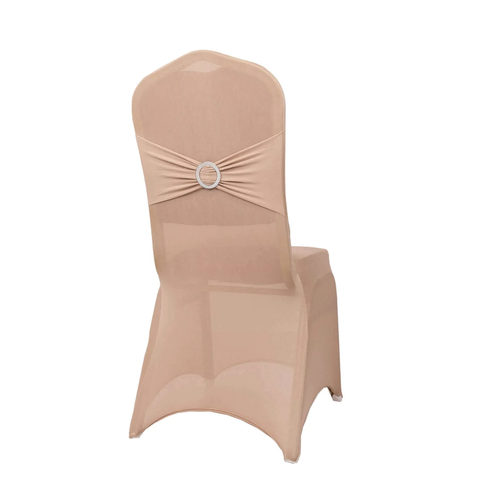 Spandex Banquet Chair Cover Nude with Silver Rhinestone Buckled Sash Band - Stretched Fitted Slip-On Slipcover - Image 8