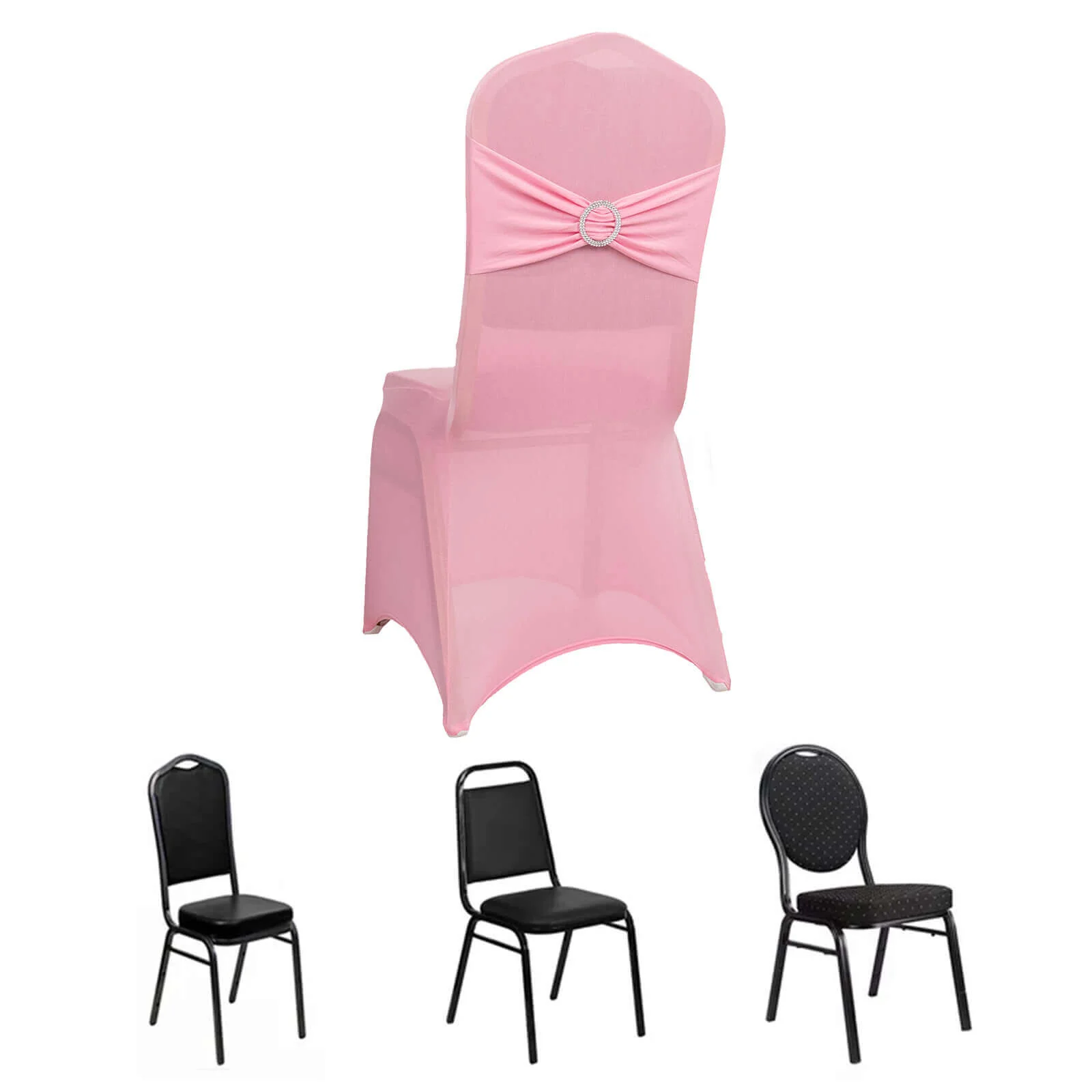 Spandex Banquet Chair Cover Pink with Silver Rhinestone Buckled Sash Band - Stretched Fitted Slip-On Slipcover