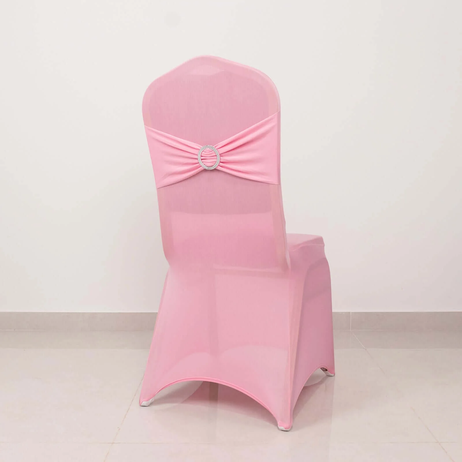 Spandex Banquet Chair Cover Pink with Silver Rhinestone Buckled Sash Band - Stretched Fitted Slip-On Slipcover - Image 2
