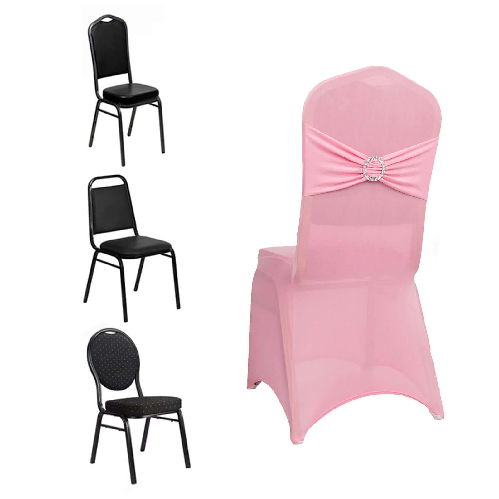 Spandex Banquet Chair Cover Pink with Silver Rhinestone Buckled Sash Band - Stretched Fitted Slip-On Slipcover - Image 3