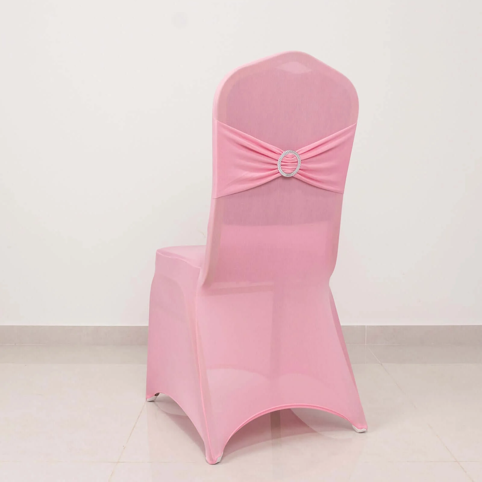 Spandex Banquet Chair Cover Pink with Silver Rhinestone Buckled Sash Band - Stretched Fitted Slip-On Slipcover - Image 6