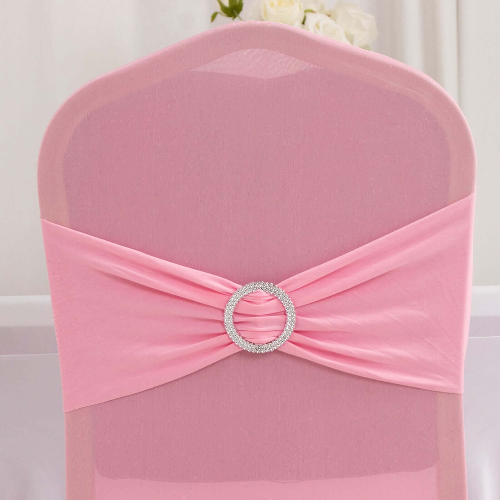 Spandex Banquet Chair Cover Pink with Silver Rhinestone Buckled Sash Band - Stretched Fitted Slip-On Slipcover - Image 7