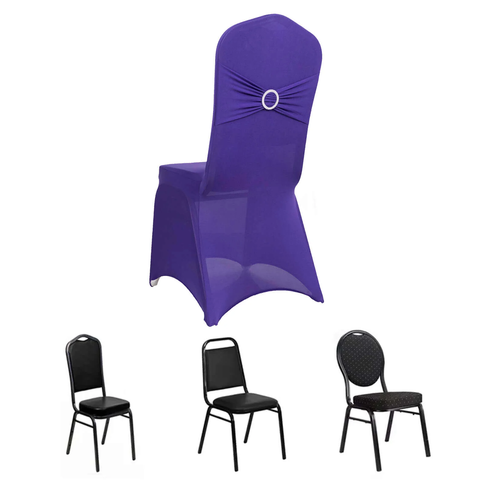 Spandex Banquet Chair Cover Purple with Silver Rhinestone Buckled Sash Band - Stretched Fitted Slip-On Slipcover