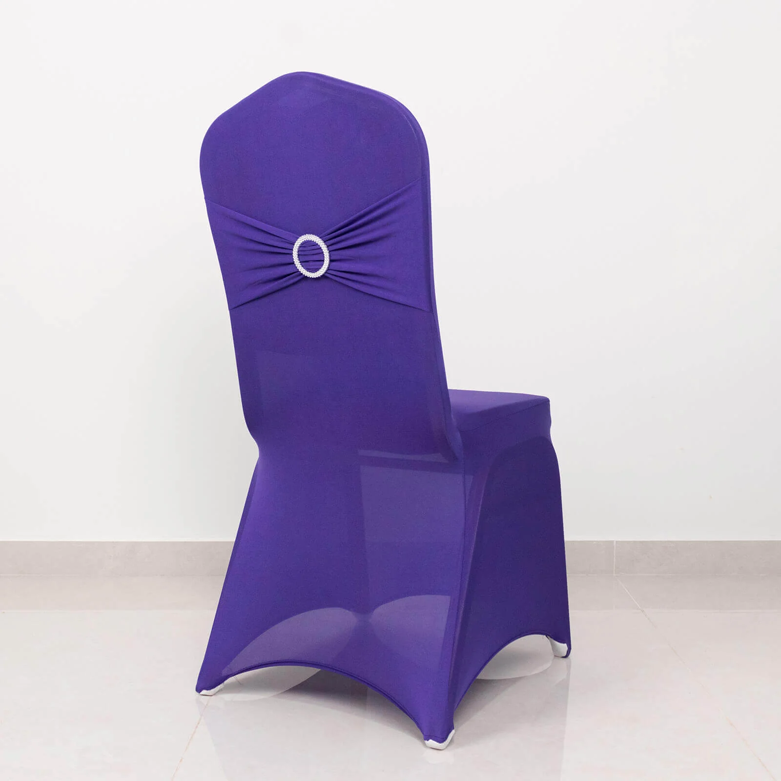Spandex Banquet Chair Cover Purple with Silver Rhinestone Buckled Sash Band - Stretched Fitted Slip-On Slipcover - Image 2