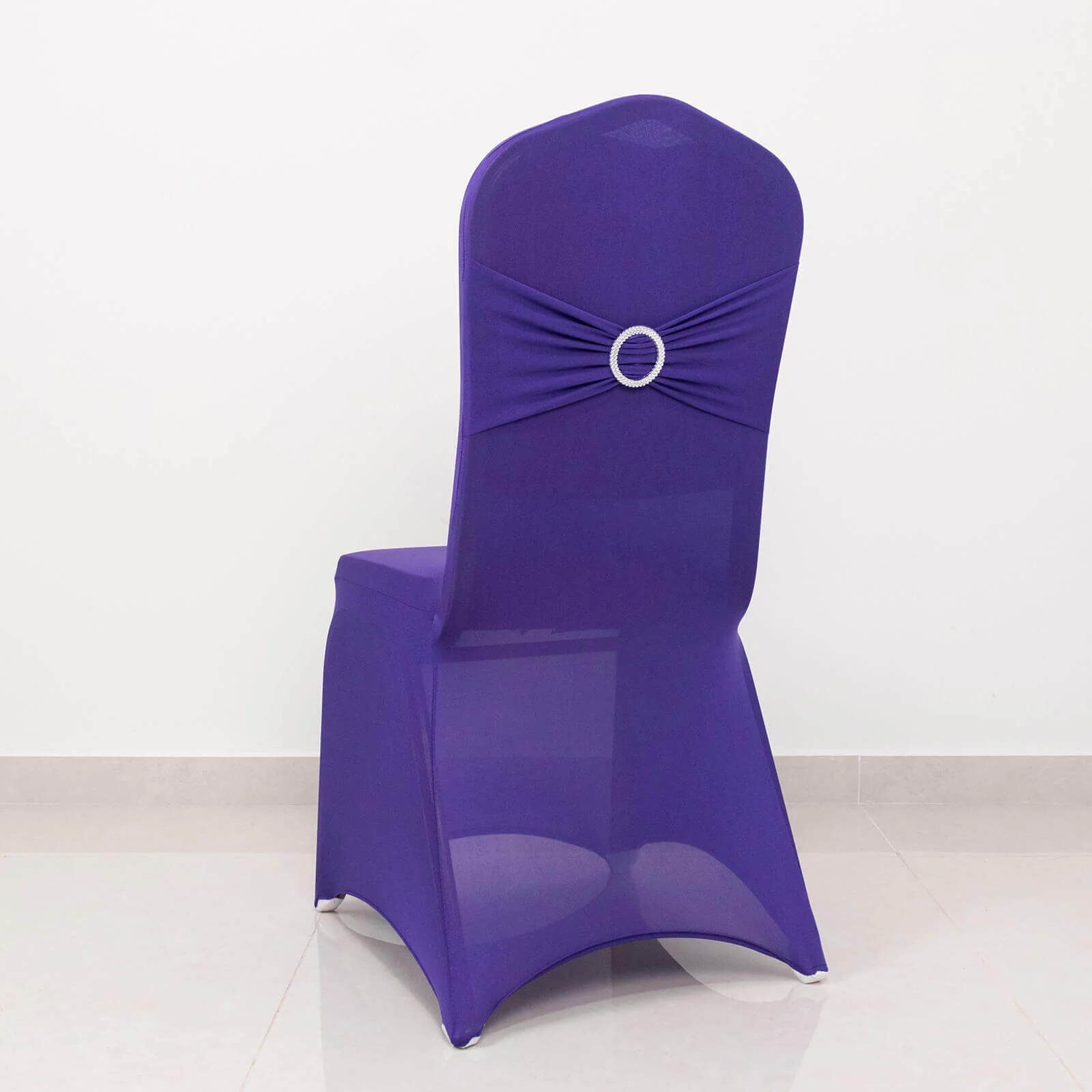 Spandex Banquet Chair Cover Purple with Silver Rhinestone Buckled Sash Band - Stretched Fitted Slip-On Slipcover - Image 6