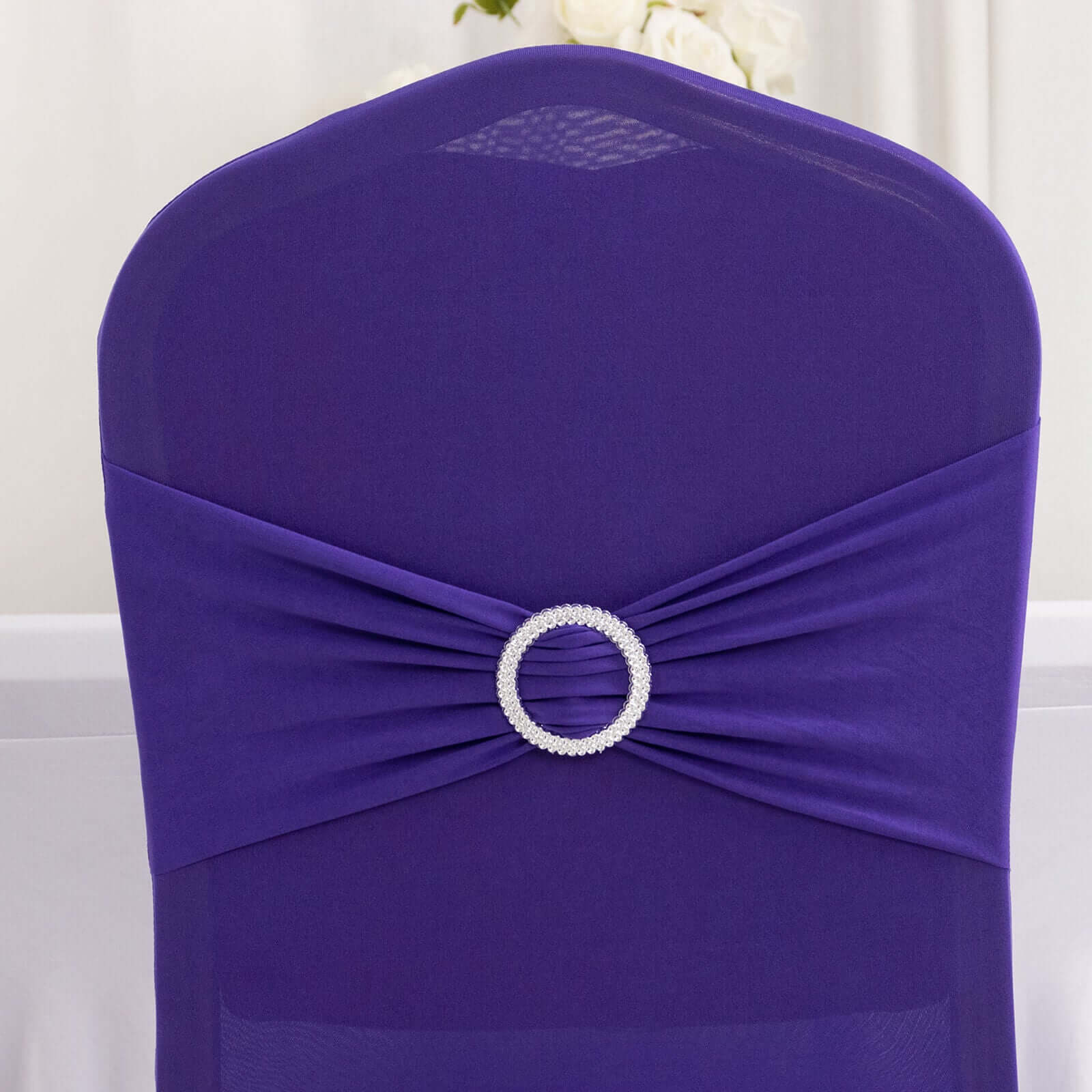 Spandex Banquet Chair Cover Purple with Silver Rhinestone Buckled Sash Band - Stretched Fitted Slip-On Slipcover - Image 7