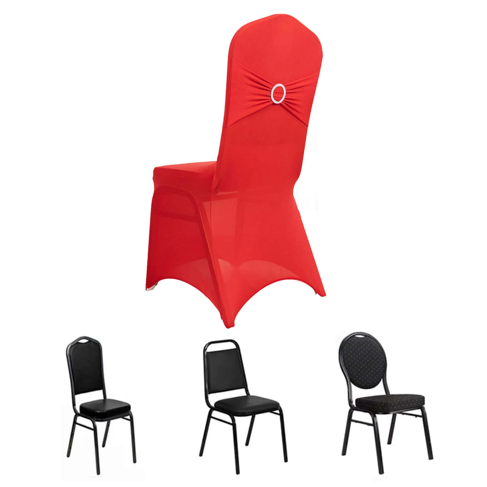Spandex Banquet Chair Cover Red with Silver Rhinestone Buckled Sash Band - Stretched Fitted Slip-On Slipcover