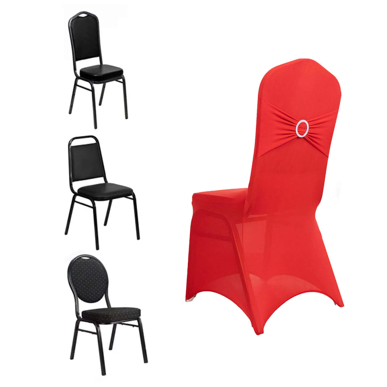Spandex Banquet Chair Cover Red with Silver Rhinestone Buckled Sash Band - Stretched Fitted Slip-On Slipcover - Image 3