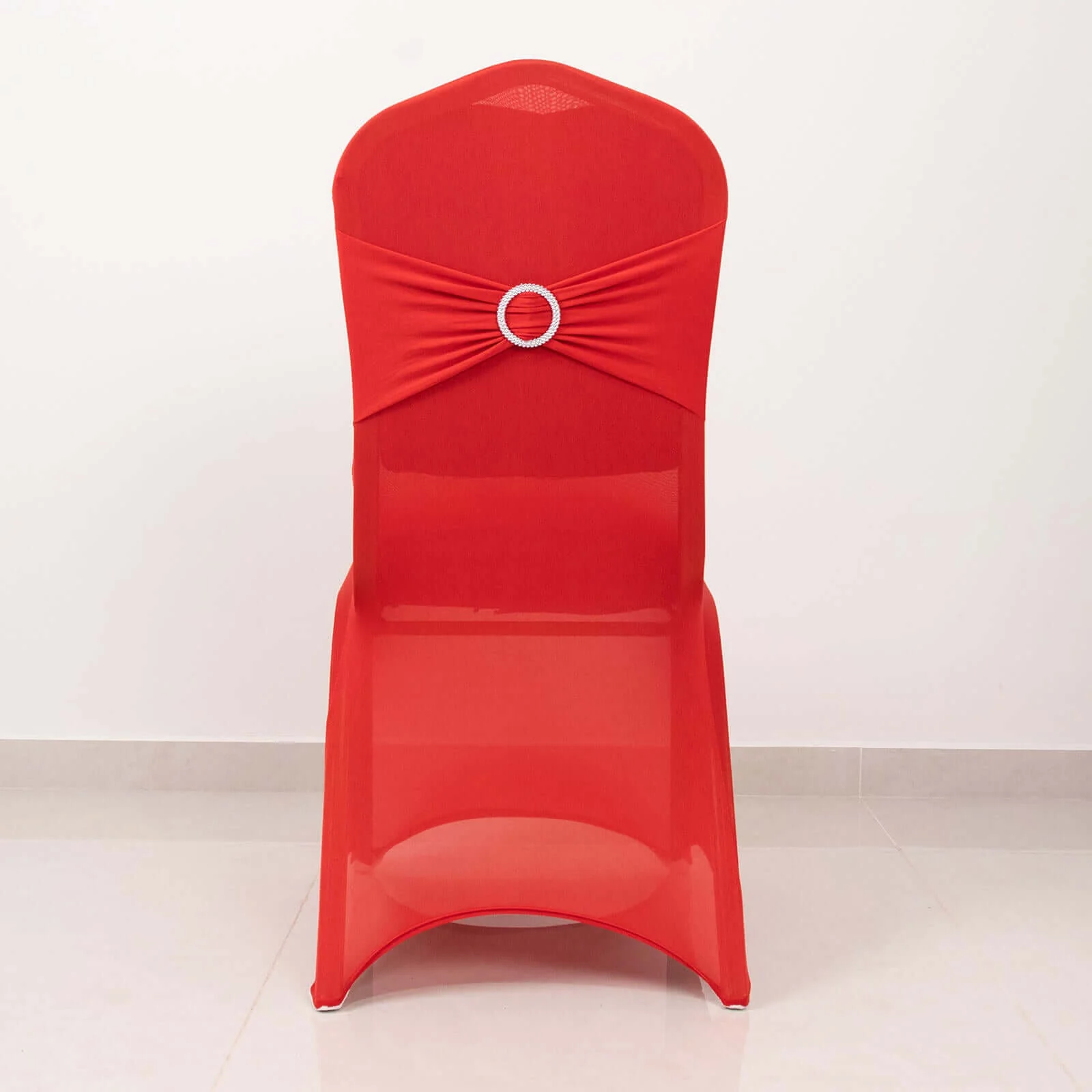 Spandex Banquet Chair Cover Red with Silver Rhinestone Buckled Sash Band - Stretched Fitted Slip-On Slipcover - Image 6