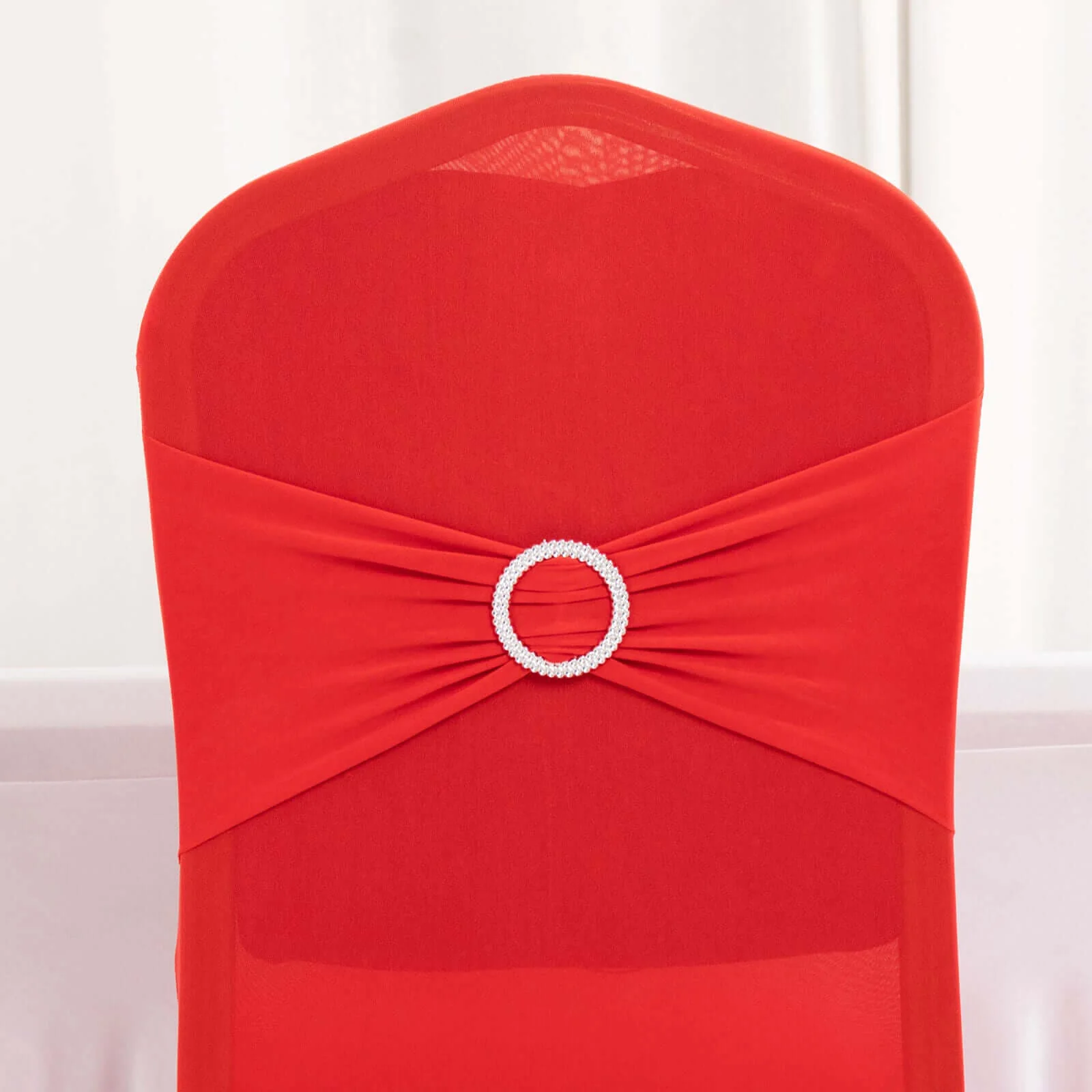 Spandex Banquet Chair Cover Red with Silver Rhinestone Buckled Sash Band - Stretched Fitted Slip-On Slipcover - Image 7