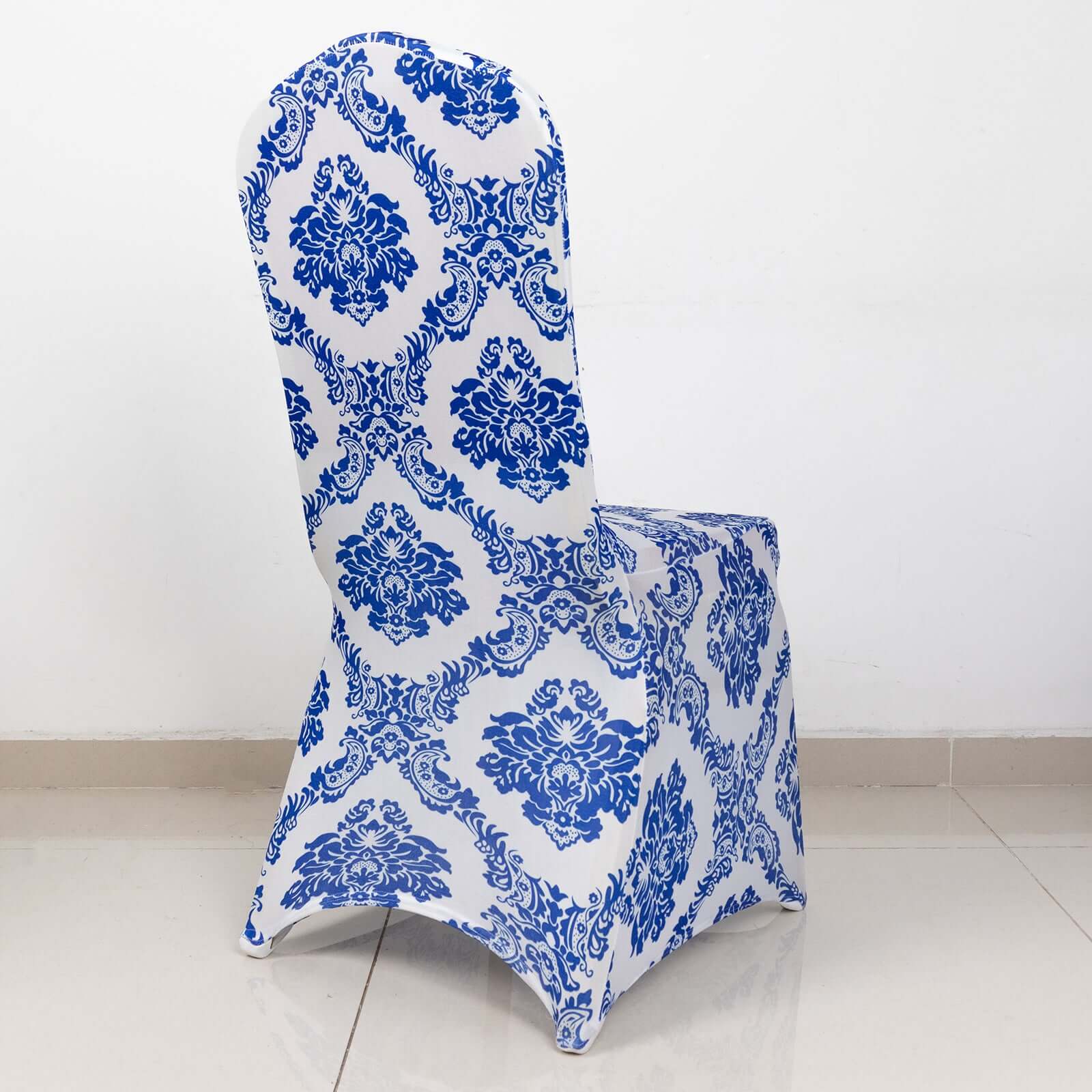 Spandex Banquet Chair Cover Royal Blue with Damask Pattern - 160GSM Stretch Fitted with Foot Pockets - Image 2