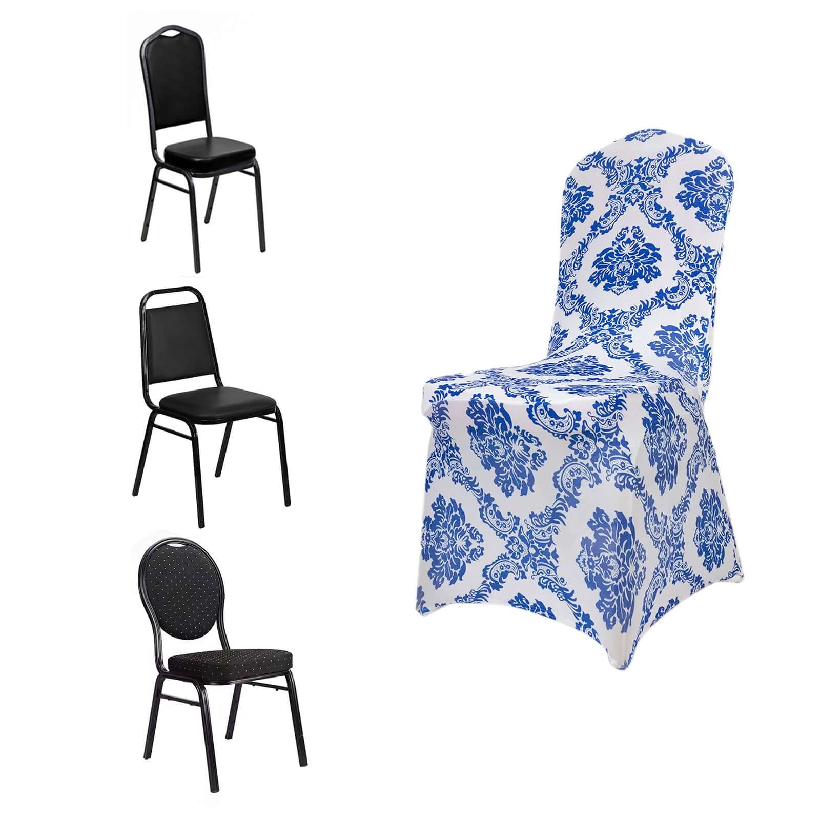 Spandex Banquet Chair Cover Royal Blue with Damask Pattern - 160GSM Stretch Fitted with Foot Pockets - Image 6
