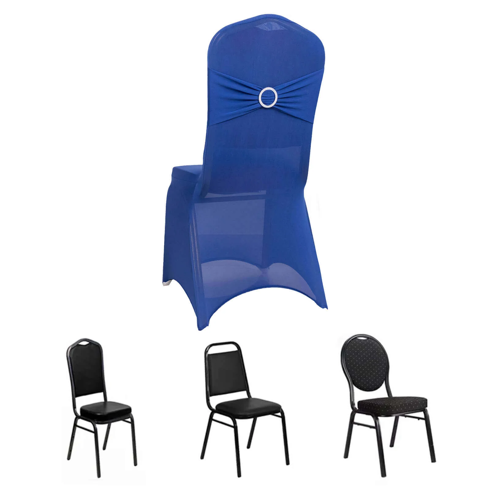 Spandex Banquet Chair Cover Royal Blue with Silver Rhinestone Buckled Sash Band - Stretched Fitted Slip-On Slipcover